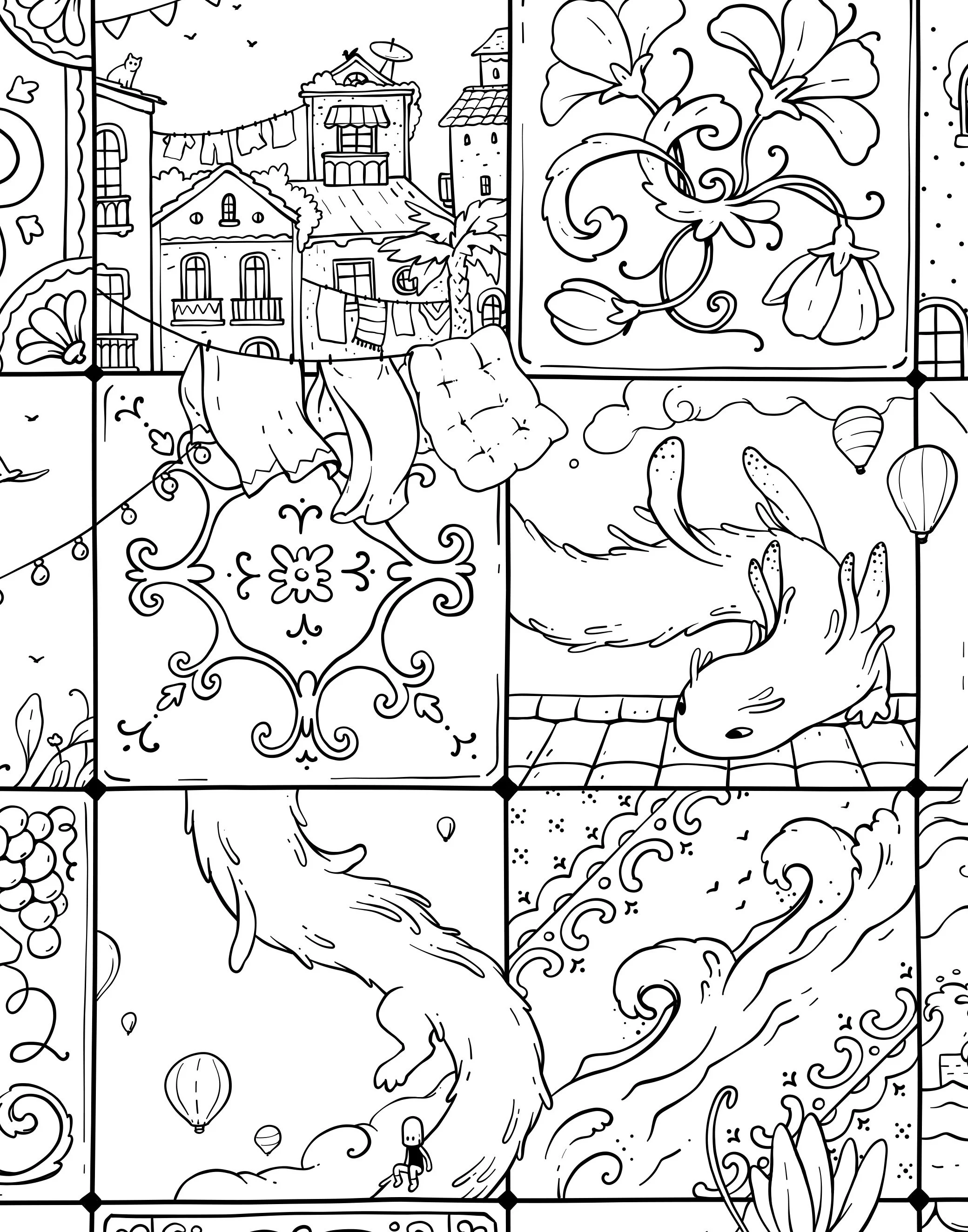 A large mythical creature, possibly a winged wolf or similar, rising from water with a girl hanging onto its tail. The scene includes waves, balloons, and a town with buildings and laundry hanging outside.