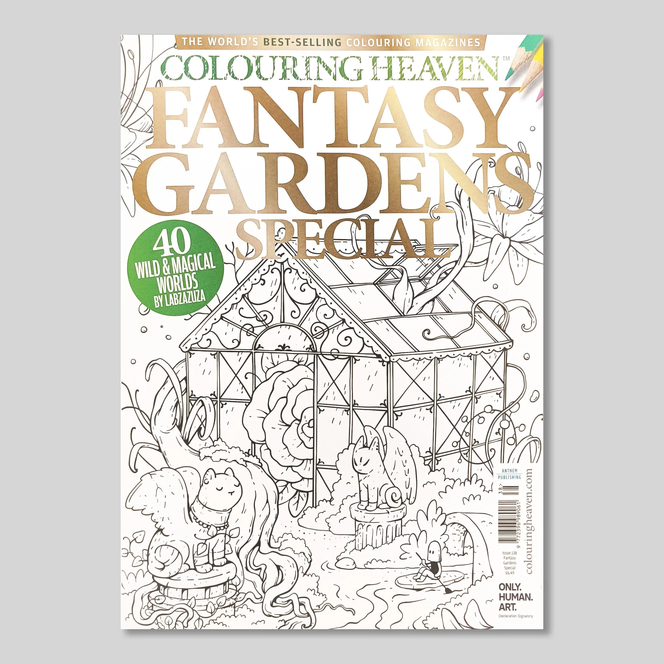A coloring book page featuring a whimsical garden scene with a large food cart, various vegetables, and a small child in the distance. The cover includes text about the coloring magazine and features a circular green badge, as well as various other t