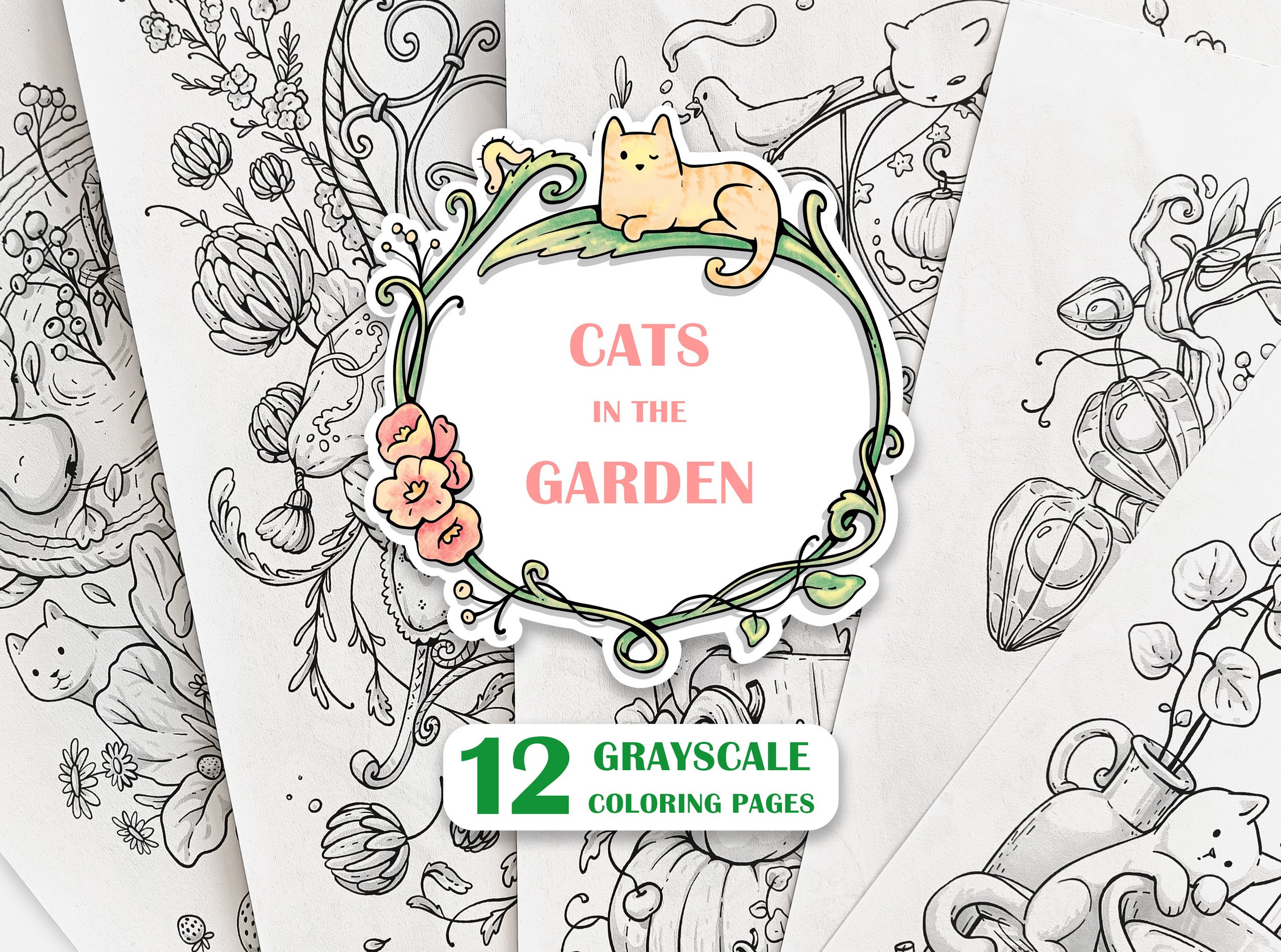 Cats in Garden Grayscale Coloring Pages Bundle