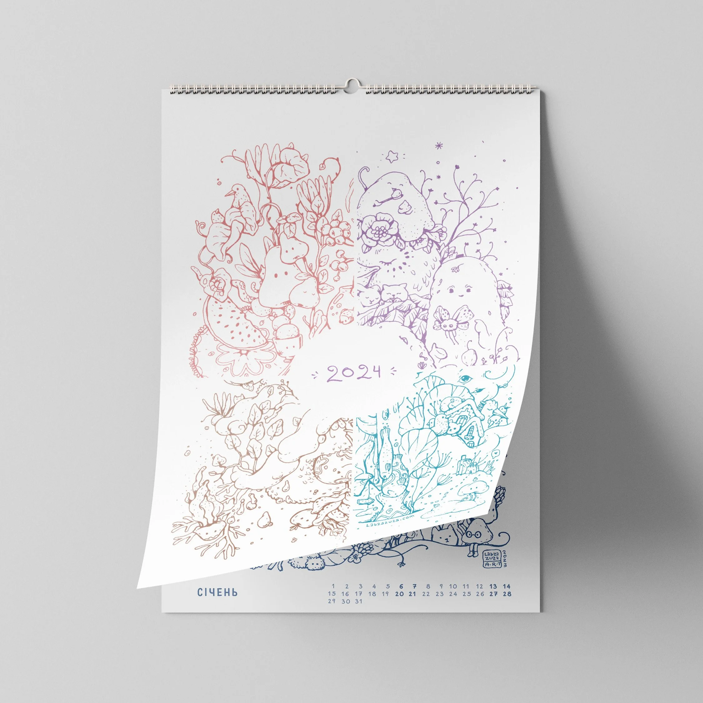 Calendar for July 2024 with intricate line drawings of various animals and plants, featuring a bunny, a bear, and a bird, drawn in different colors.