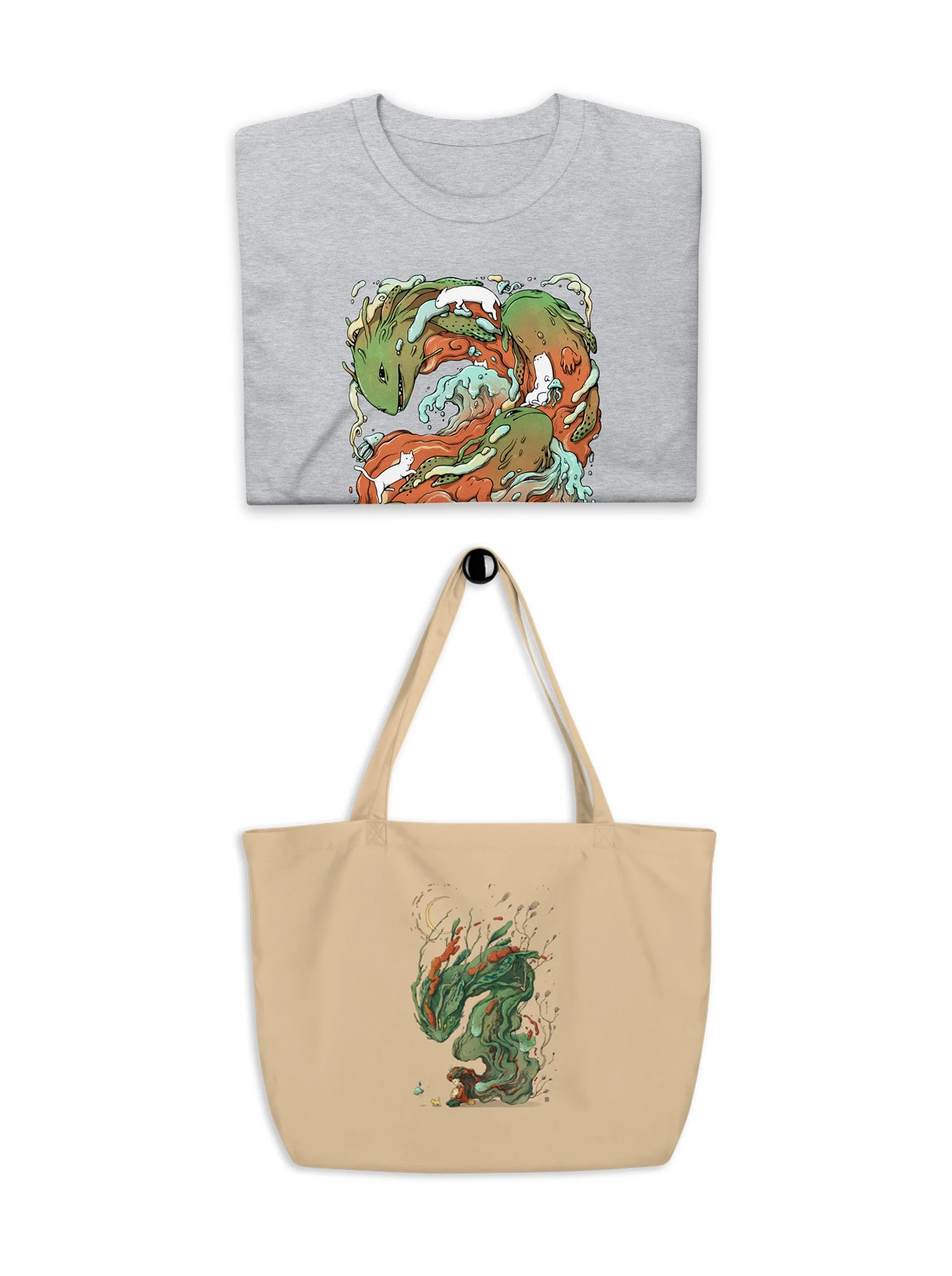 Two tote bags with colorful dragon artwork on them, one gray with a dragon and white cats, and one beige with a detailed green dragon.