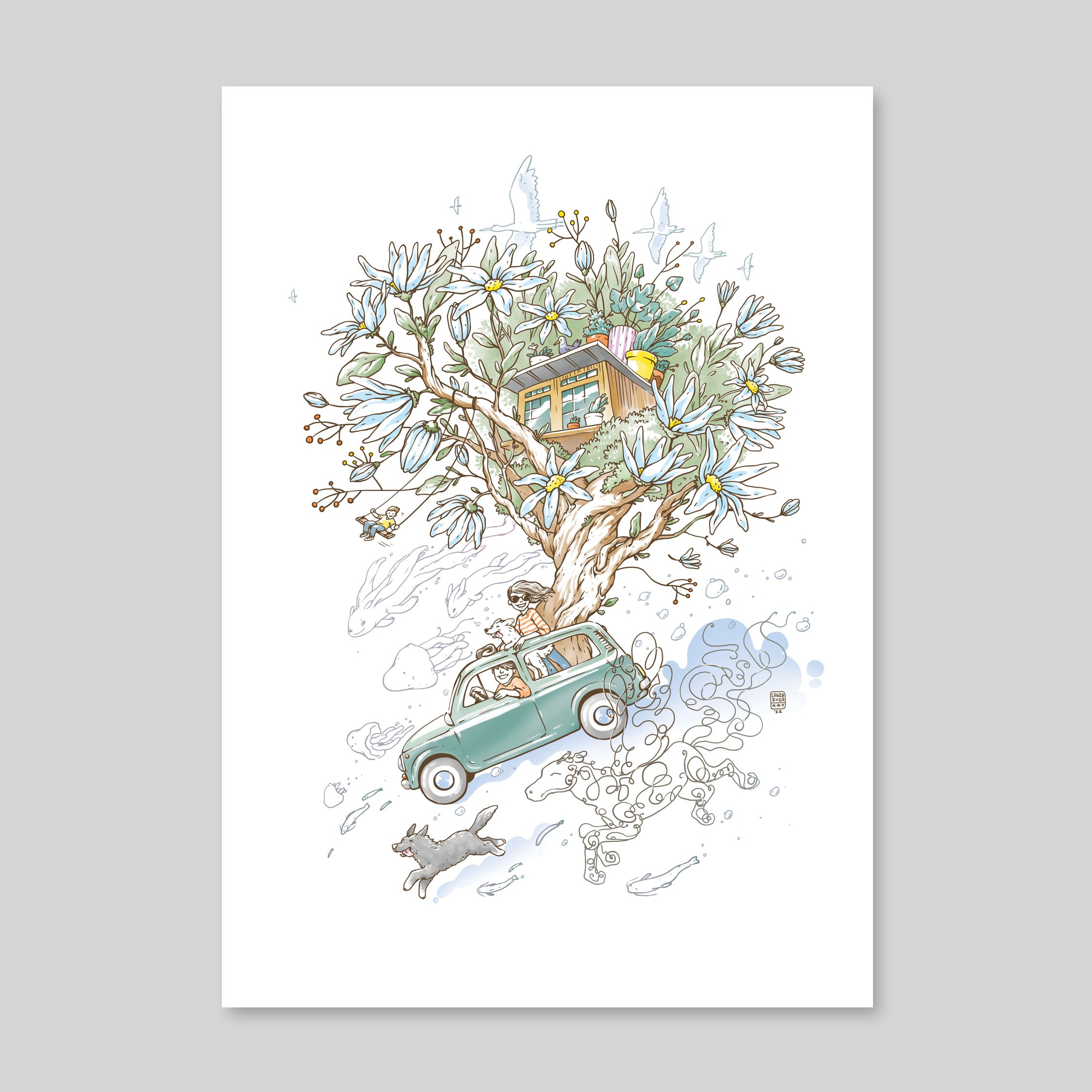 Illustration of a large tree with blooming flowers and branches, houses nestled among the foliage, children playing on a swing and riding in a car, and birds flying above. A dog runs on the ground below the tree.