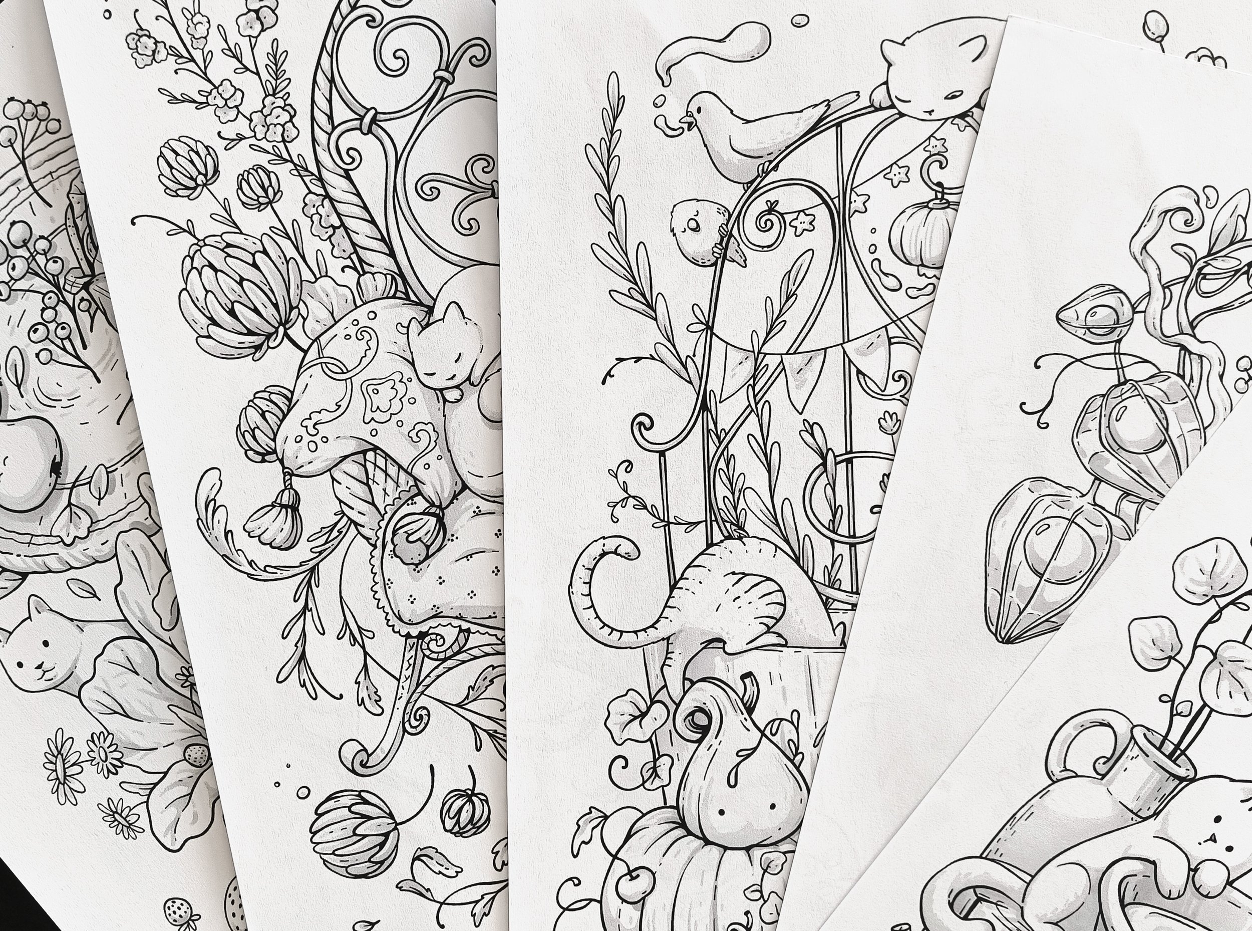 Black and white coloring pages featuring various autumn and harvest-themed illustrations, including pumpkins, flowers, leaves, and animals.