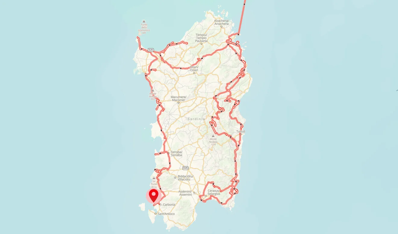 Route auf Sardinien, Stand 09.07.2021. Quelle: Gaia GPS / Open Street Map.
