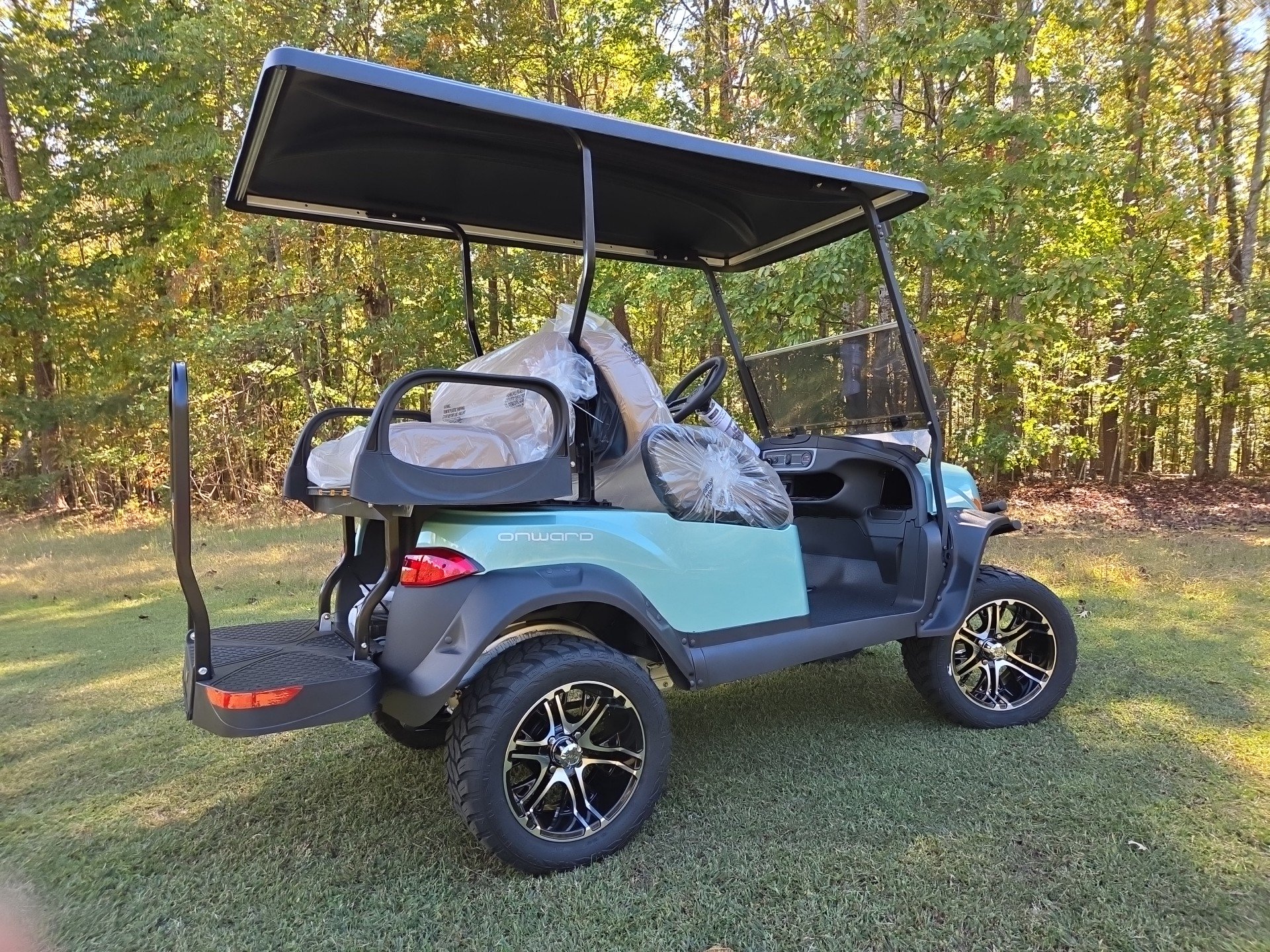 2026 ClubCar Onward Electric Metallic Sea Foam Factory Club Car Onward 6 Inch Lift with Custom Rear Seat