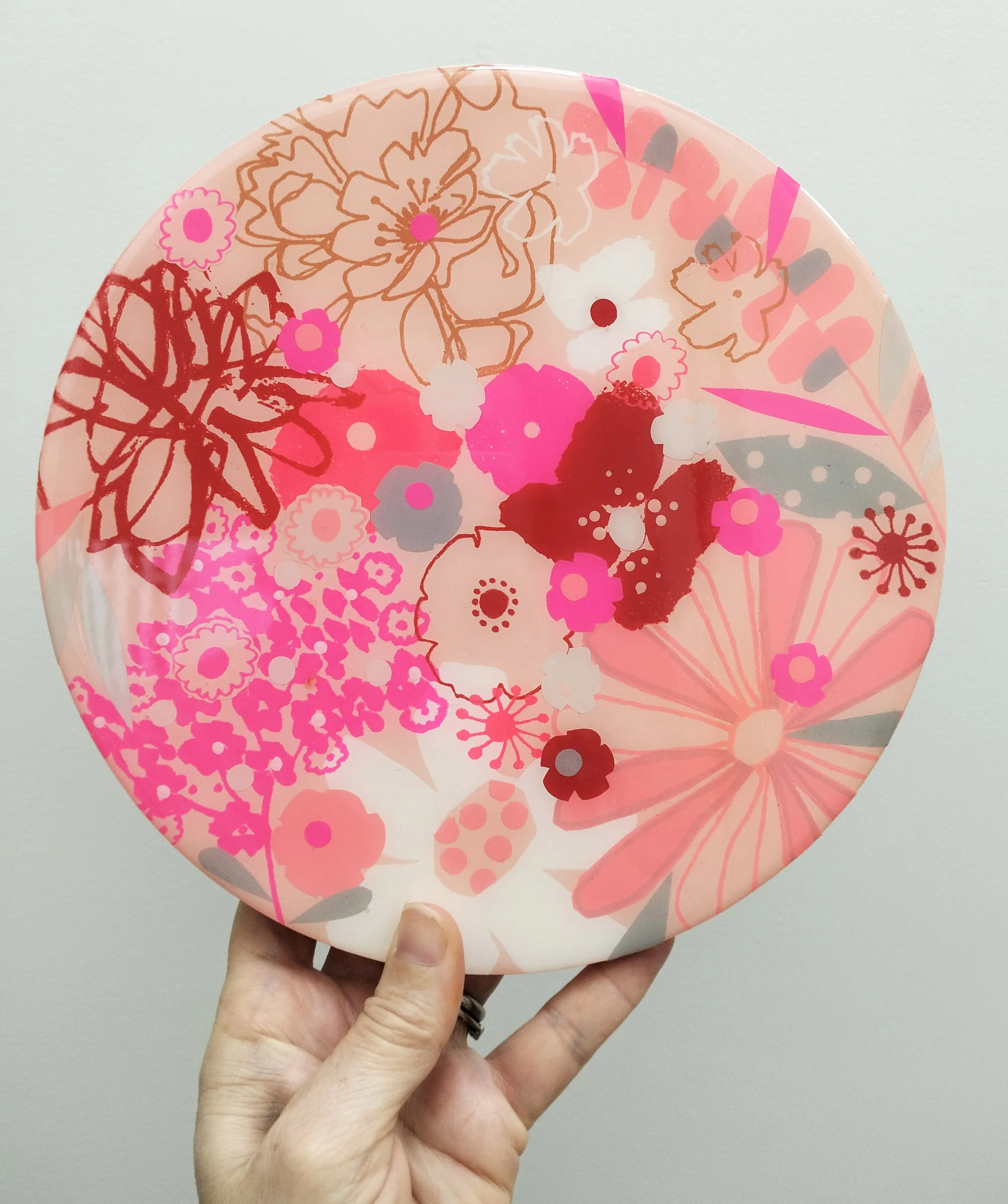 20cm round-'Blush Blooms'-$350-screen printing, collage on wood with resin.jpg