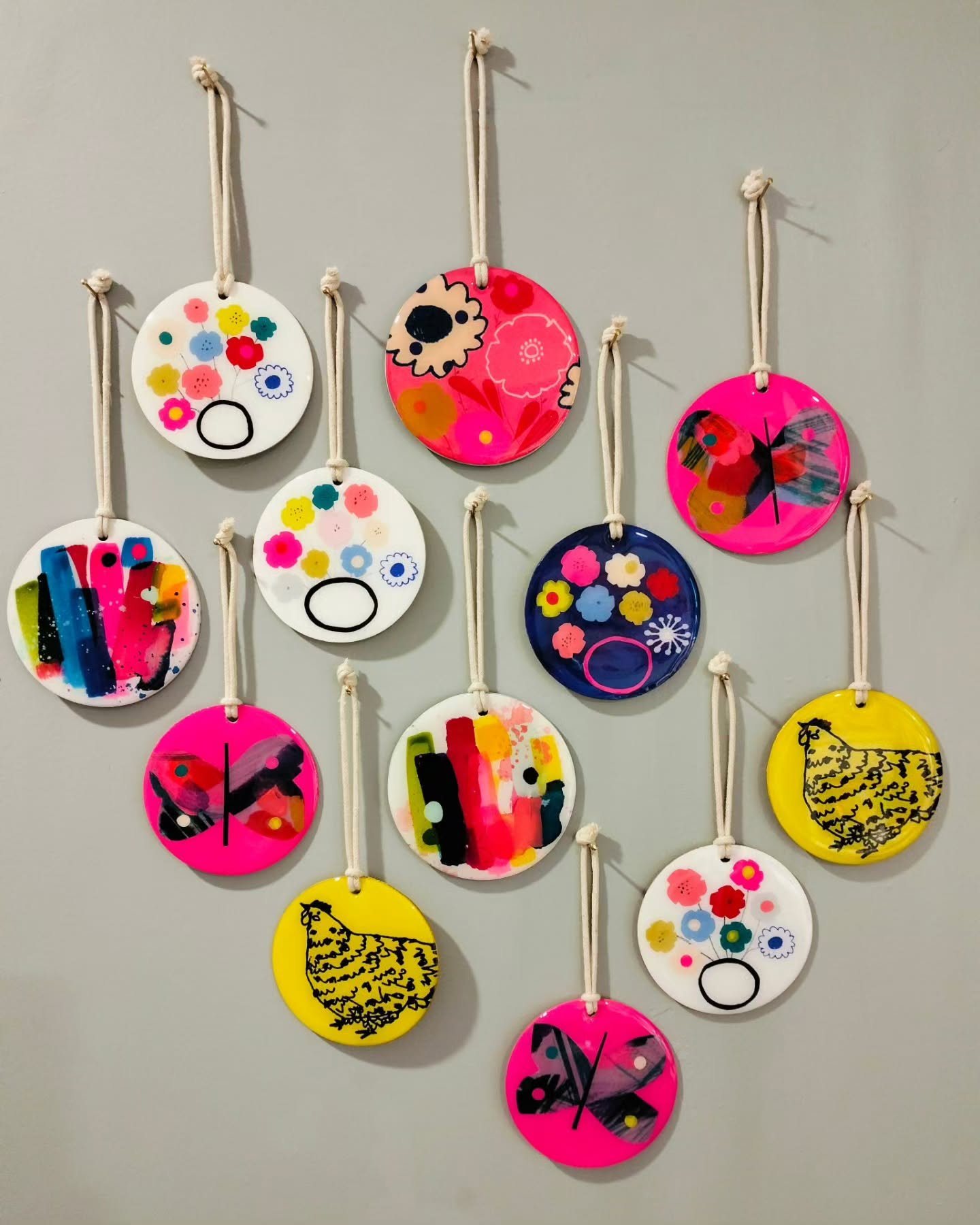 New Christmas decorations. Summer fun for your home. They are either screen printed, ink, collage or a combination.

They are wood with resin. approx 8cm. $30 each with $7 postage and packaging within NZ.

If you would like to purchase please DM me a