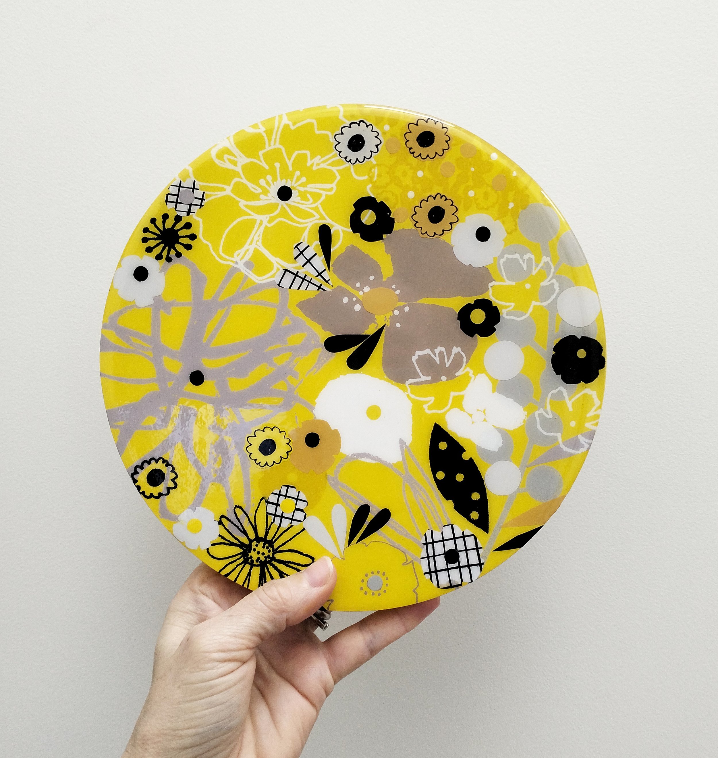 20cm round-'Sunny Disposition'-$350-screen printing, collage on wood with resin.jpg