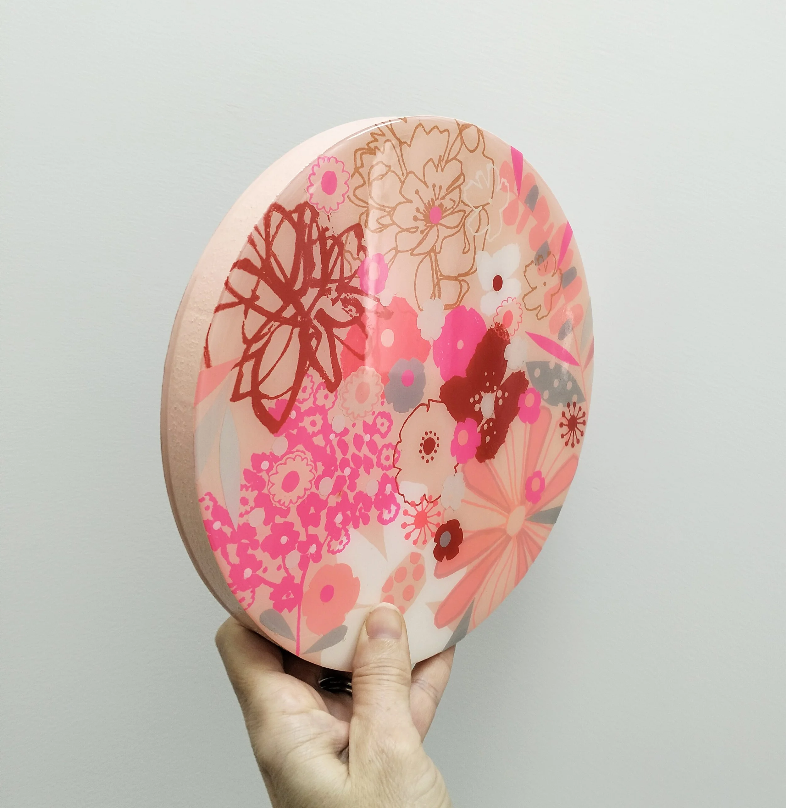 20cm round-'Blush Blooms'-side view-$350-screen printing, collage on wood with resin.jpg