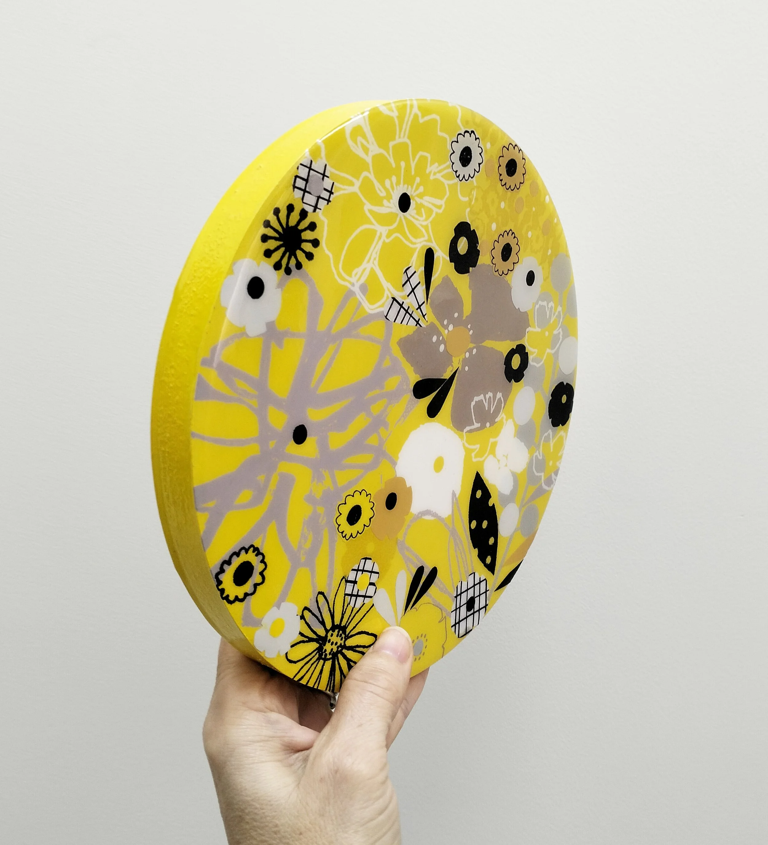 20cm-round-side view-$350- 'Sunny Disposition'-screen printing-collage on wood with resin.jpg