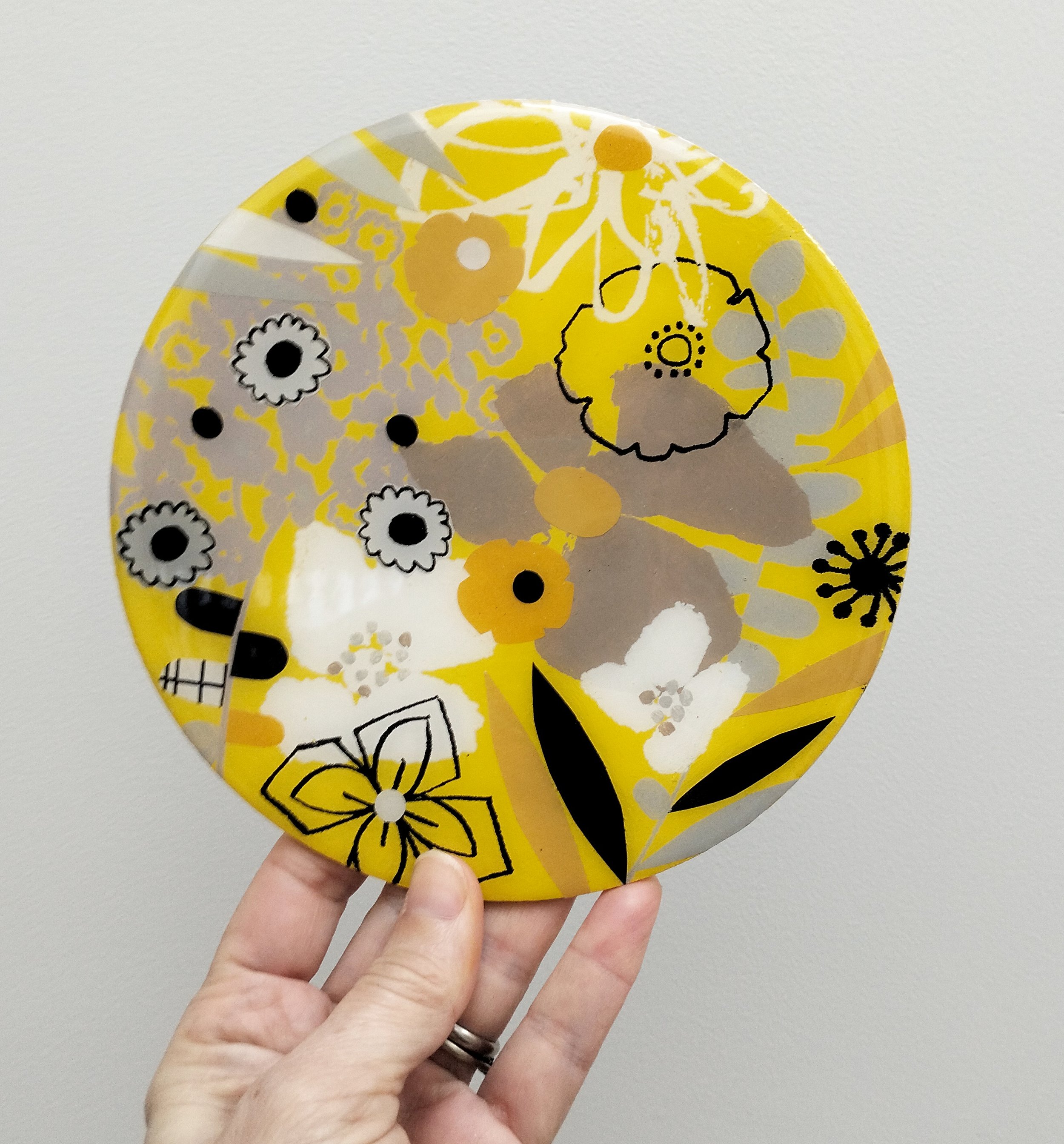 15cm round-'Golden Hour'-$150- screen printing, collage on wood with resin.jpg