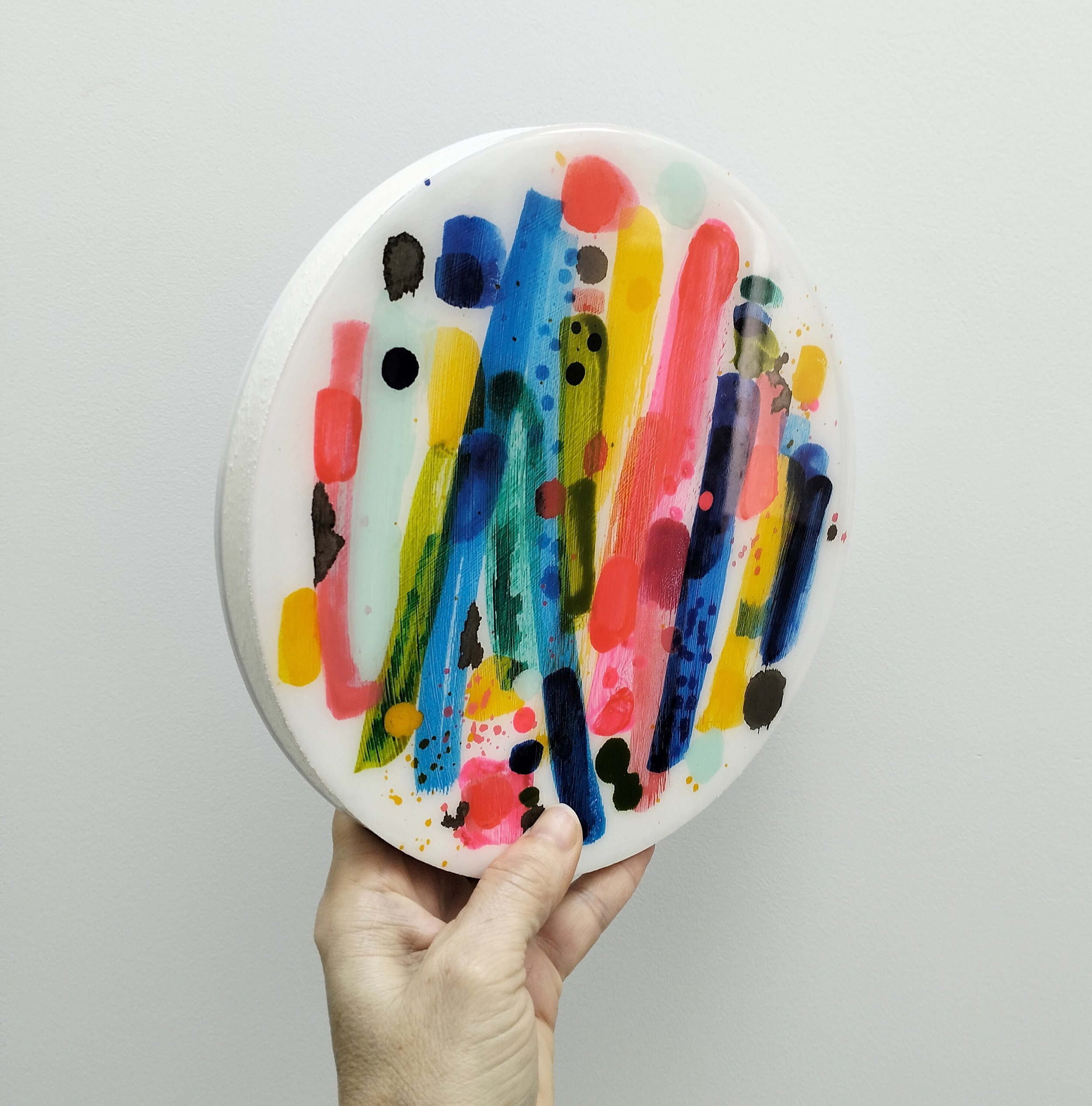 20cm round-'Colour Dance' side view-$350-ink, acrylic on wood with resin.jpg