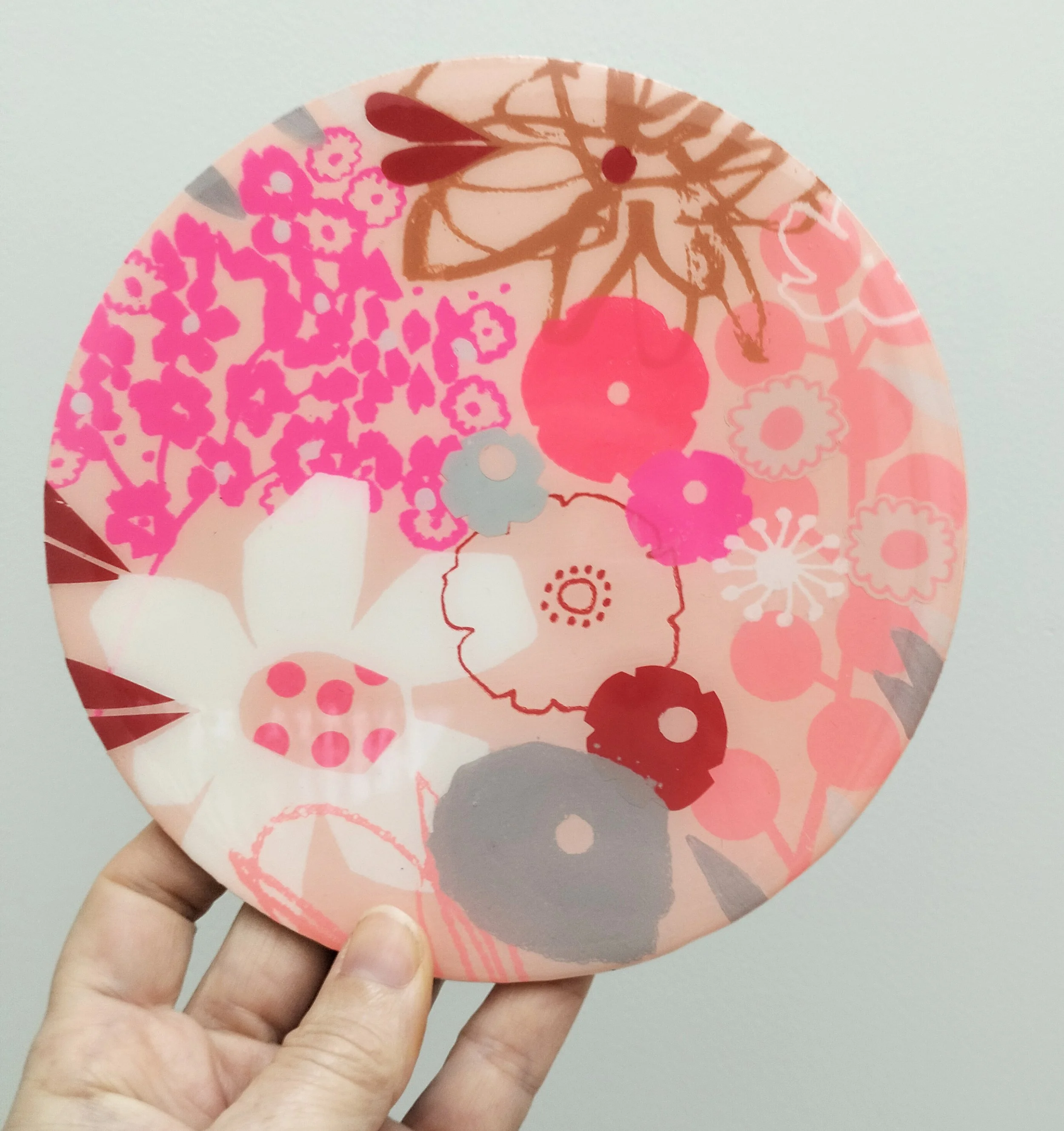 15cm round-'Peachy'-$150- screen printing, collge on wood with resin.jpg