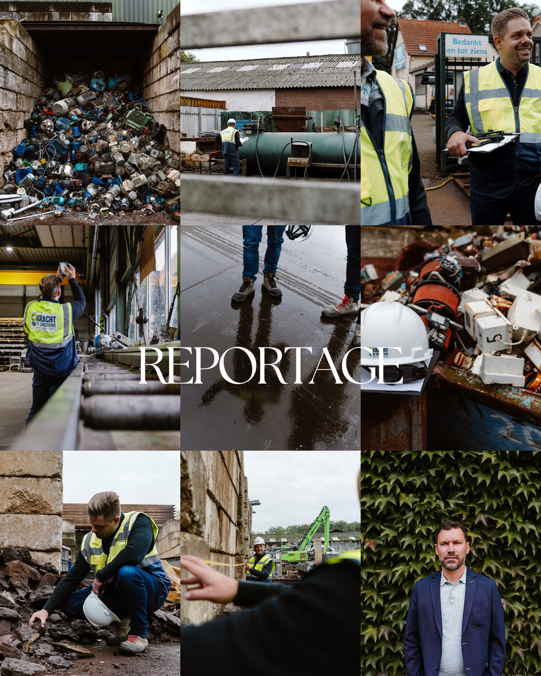 Collage van foto's van mensen in een recycling- of afvalverwerkingsomgeving, met machines, containers en harde hoedjes, en een man in een pak voor de camera.