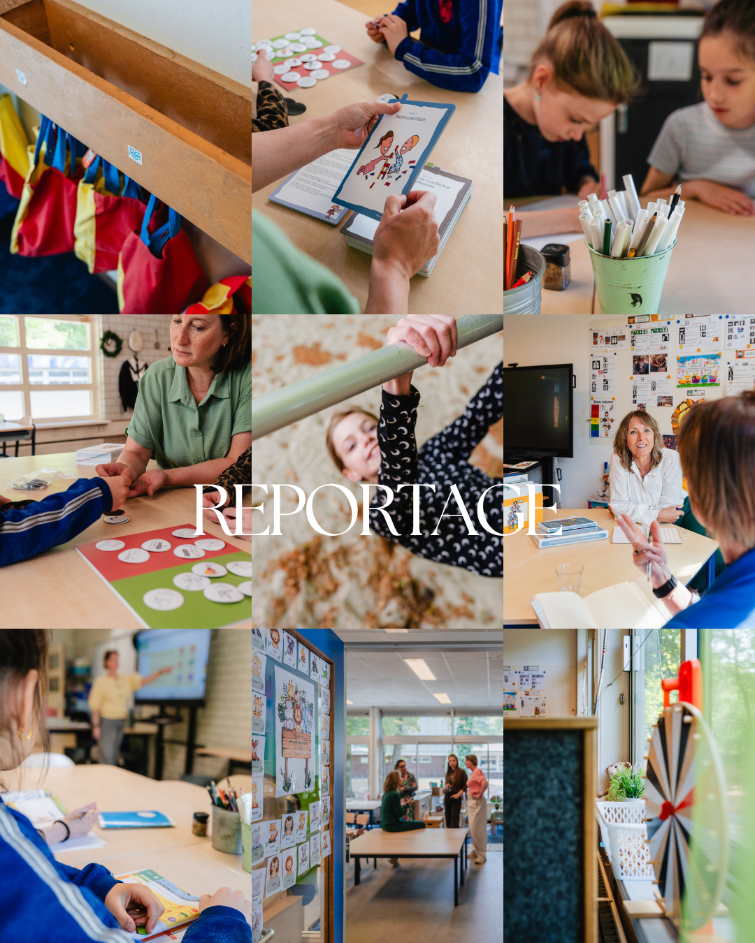 Een collage van verschillende scènes uit een klaslokaal, inclusief kinderen die spellen spelen, leraren die lesgeven, en een pedagogische omgeving met educatief materiaal en decoraties.