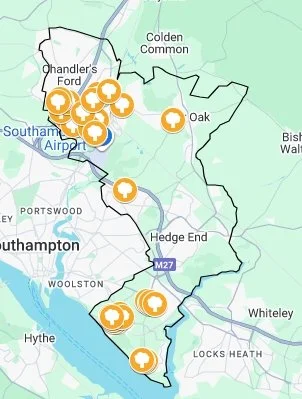 Google Map of Eastleigh Borough with tree icons for locations for planting