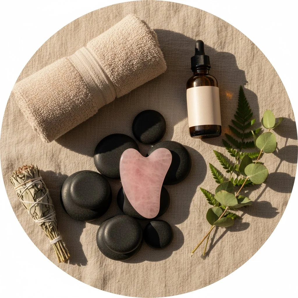 Spa essentials including a rolled beige towel, a small brown dropper bottle, a pink heart-shaped stone, several black stones, a bundle of sage, and green leaves on a light fabric surface.