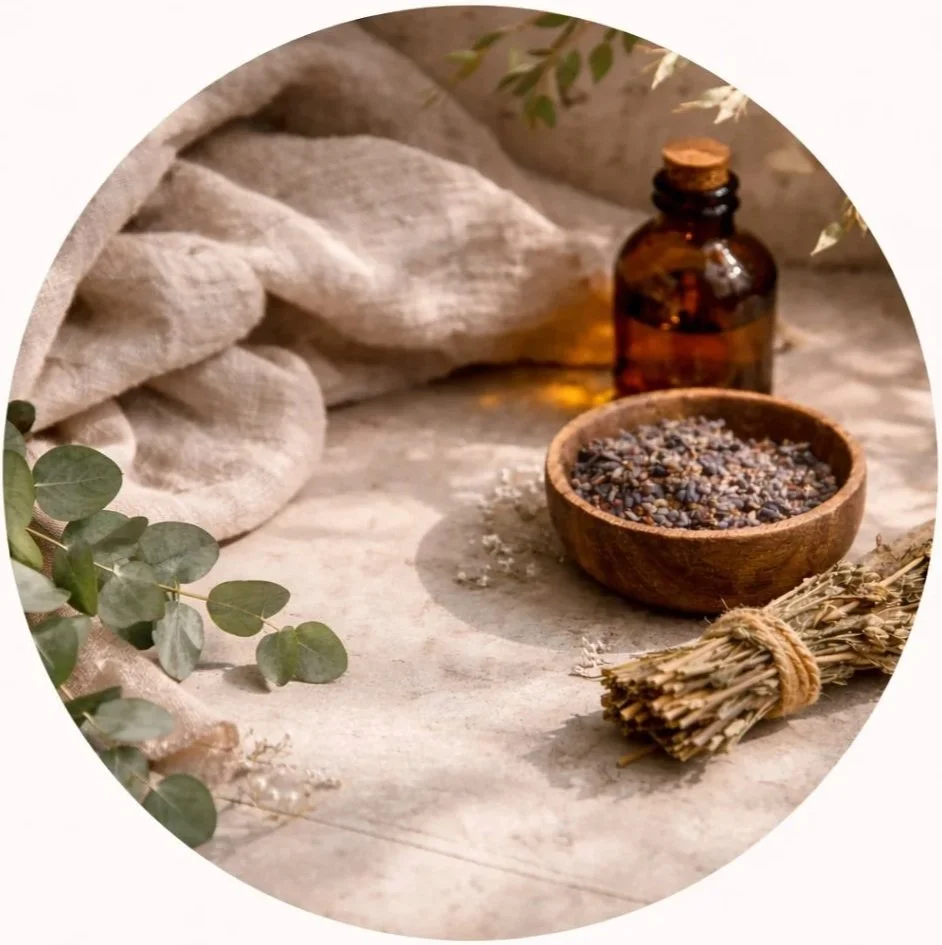 Aromatic scene with a small brown bottle, a wooden bowl of mixed herbs or spices, a bundle of dried herbs tied with twine, eucalyptus leaves, and a neutral fabric background.