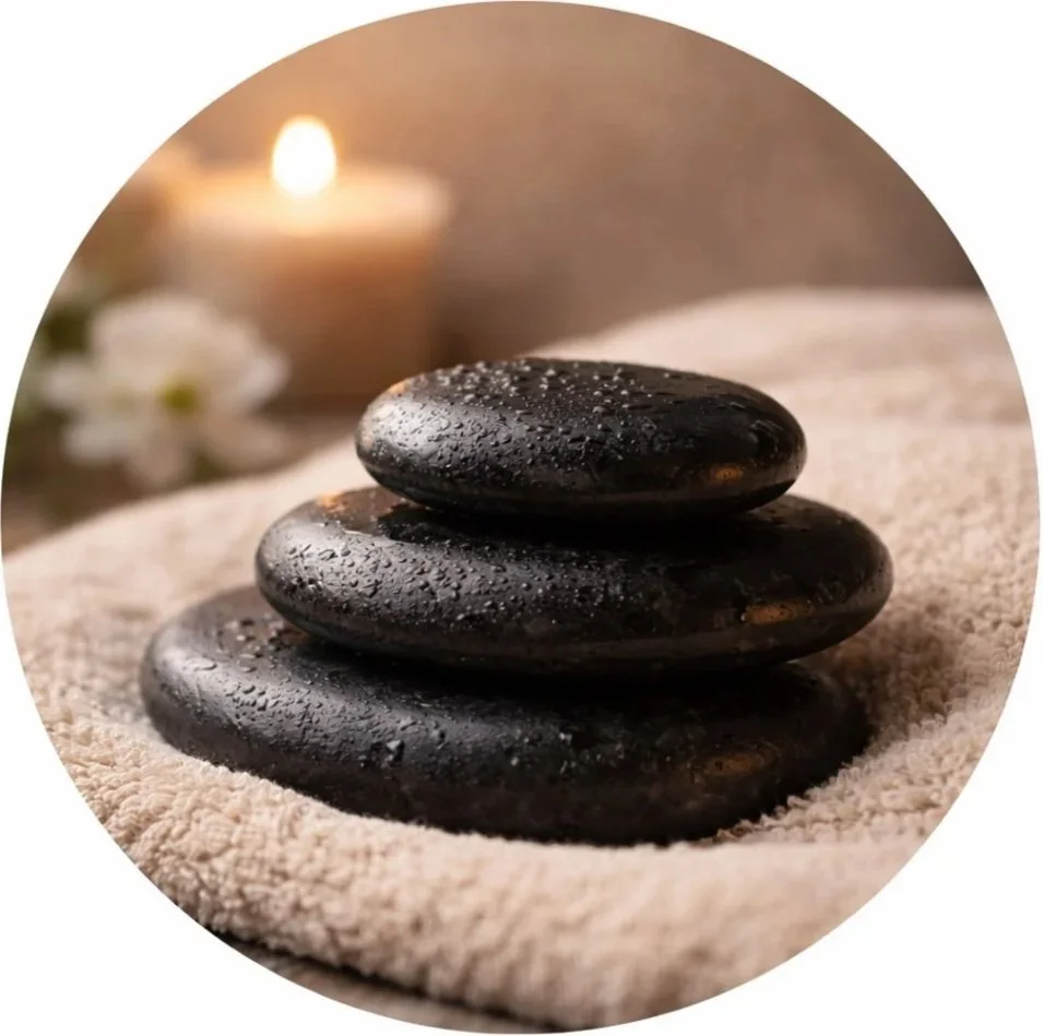 Stack of three wet black massage stones on a beige towel in a spa setting, with a lit candle and blurred flowers in the background.