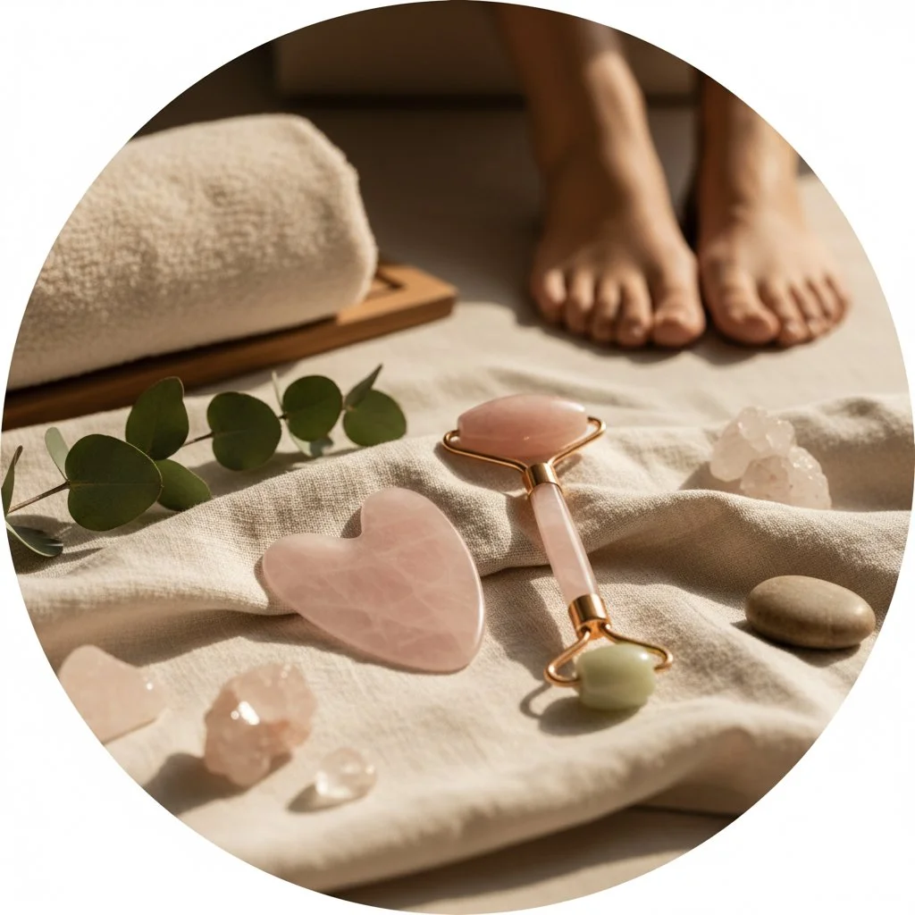 Close-up of a pink jade facial roller, heart-shaped rose quartz stone, smooth white stone, and small rough crystals on a beige fabric, with feet in the background and a rolled towel nearby.