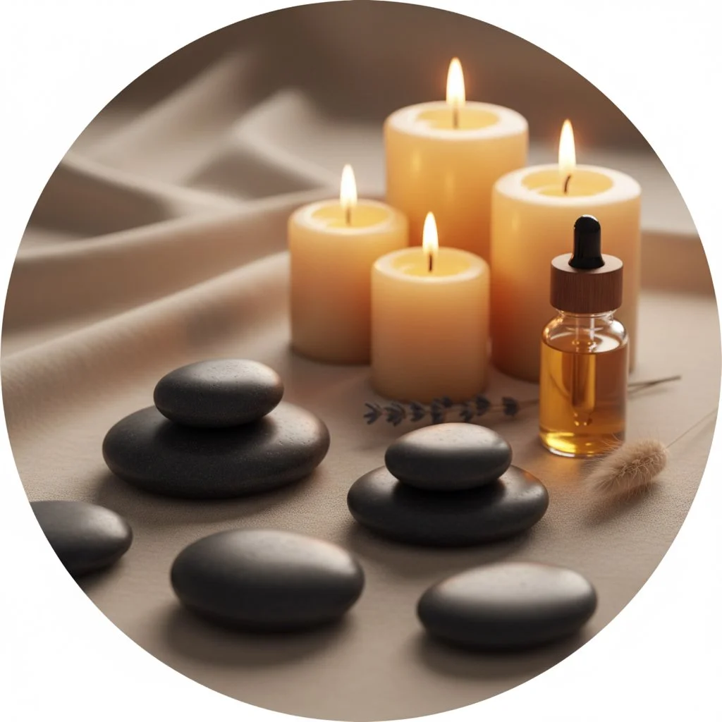 Spa setting with lit candles, smooth stones, and a small bottle of massage oil on soft fabric.