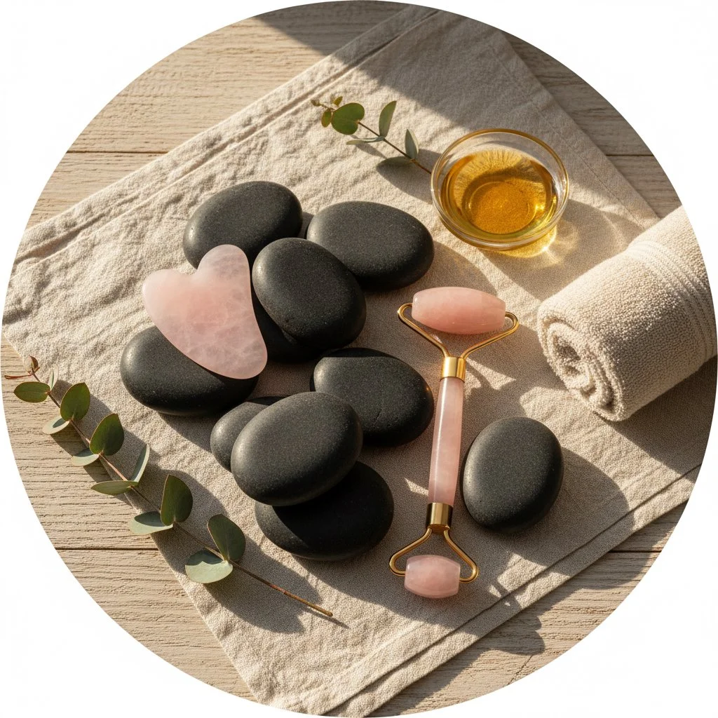 Spa setting with black stones, a pink heart-shaped stone, rose quartz roller, a small bowl of massage oil, rolled towel, and eucalyptus leaves on a beige fabric on a wooden surface.