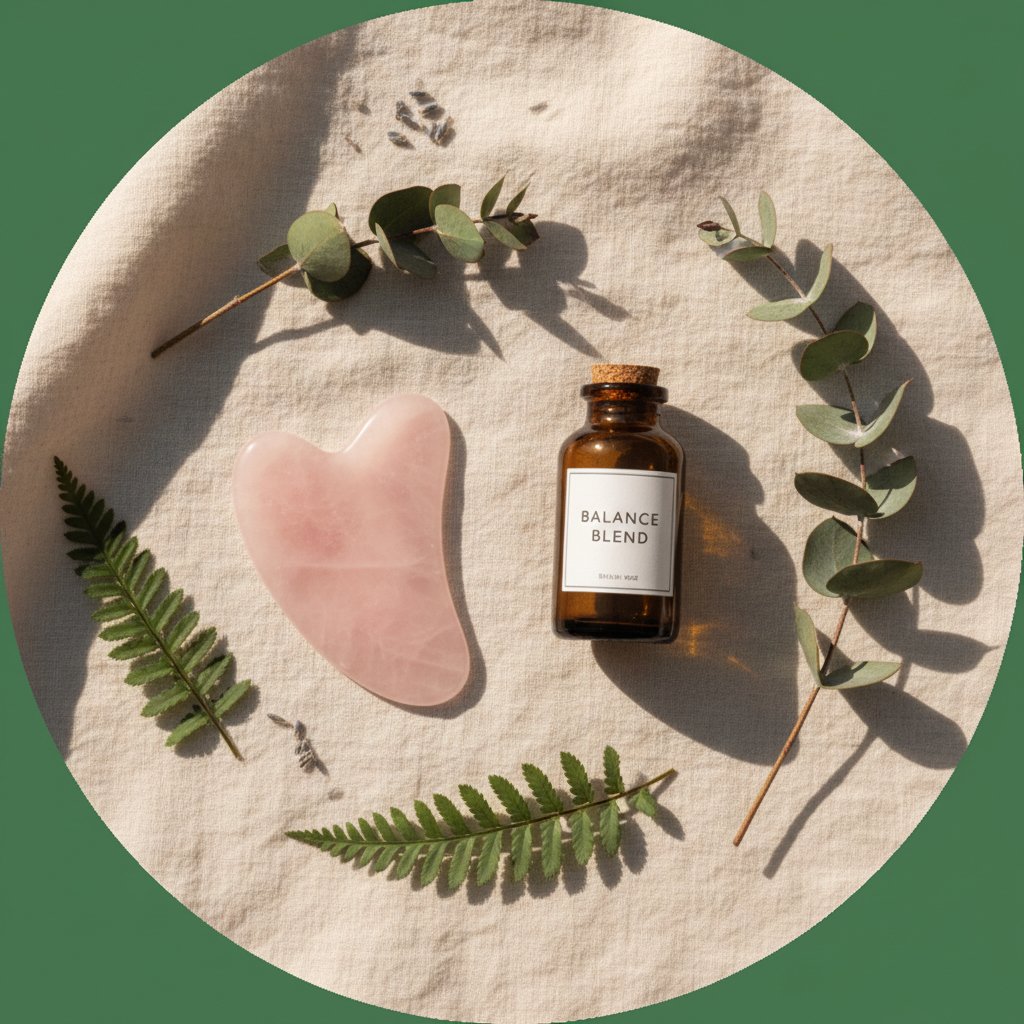 A flat lay of a small brown bottle labeled 'Balance Blend' with a cork, a pink heart-shaped object, and various green leaves and sprigs arranged on a light fabric surface, with shadows cast by the sunlight.