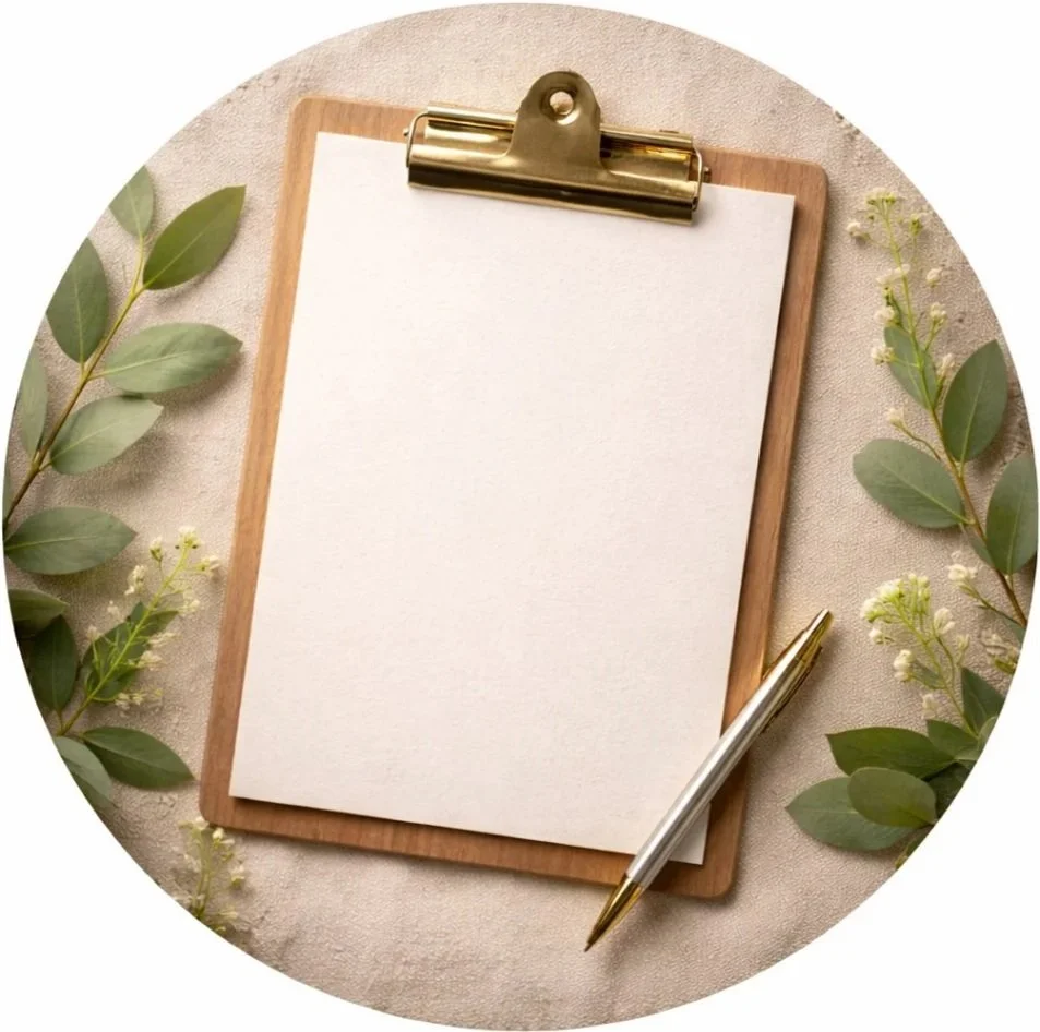 A clipboard with blank white paper, surrounded by green leaves and small white flowers, with a silver and gold pen resting on the paper.