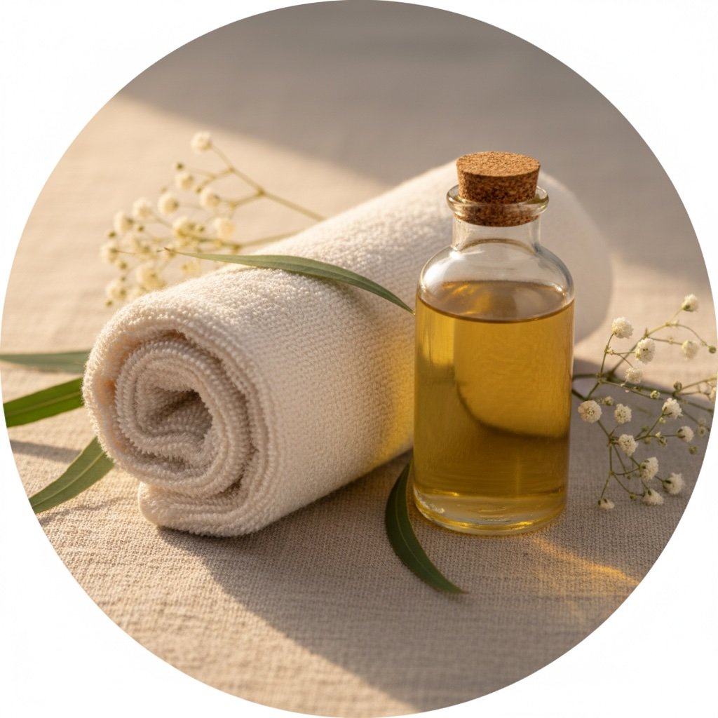 A rolled white towel, a small glass bottle of golden massage oil with a cork stopper, and sprigs of white flowers on a light surface with soft natural lighting.