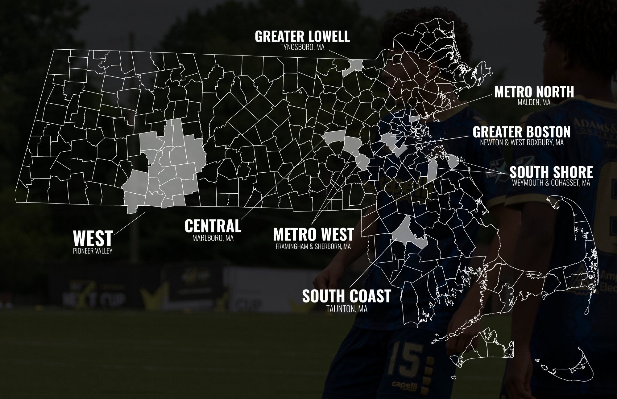 Map of Massachusetts showing various regions with labels including Greater Lowell, Metro North, Greater Boston, South Shore, South Coast, Metro West, Central, West, and their respective cities.