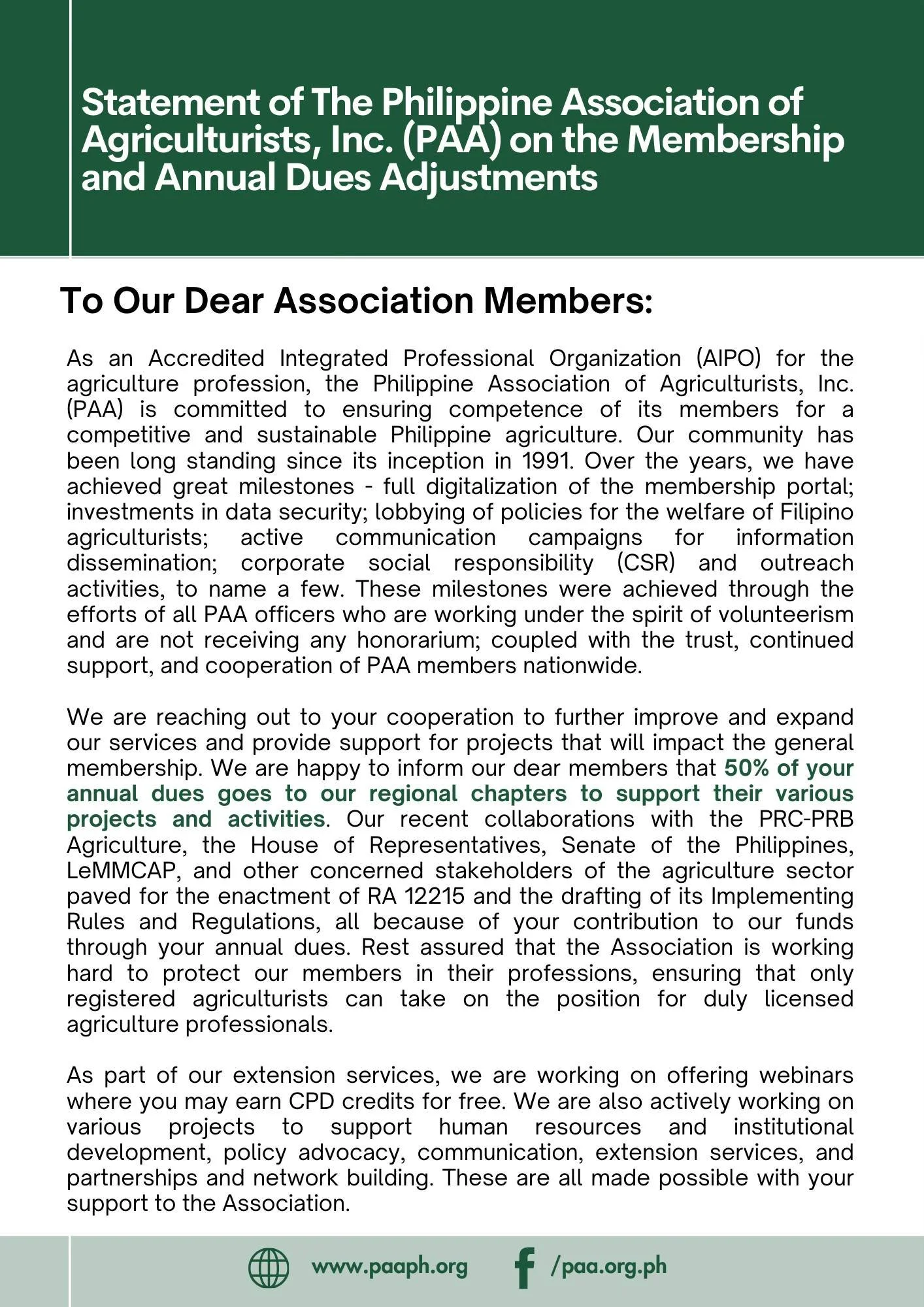Statement of The Philippine Association of Agriculturists, Inc. (PAA) on the Membership and Annual Dues Adjustments