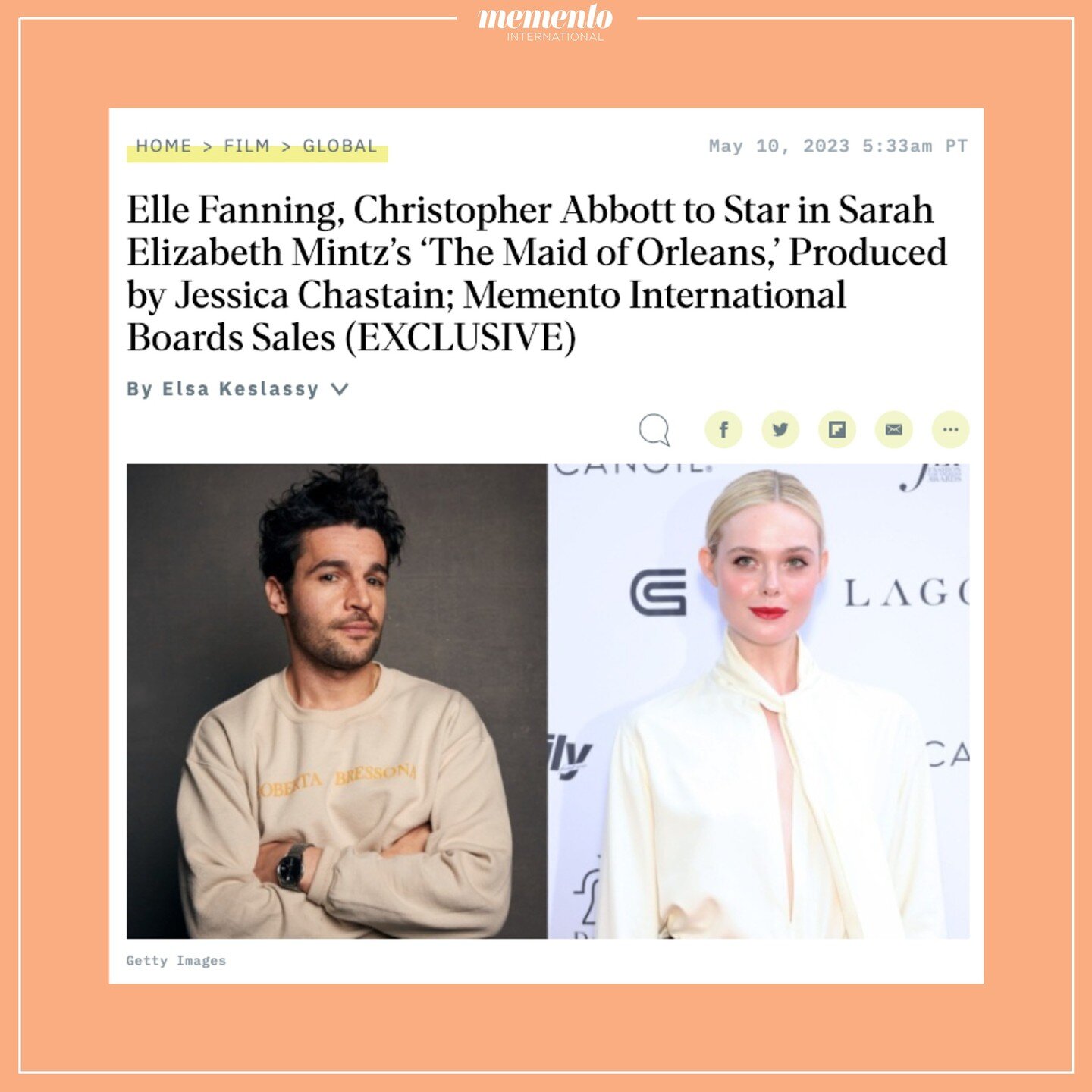 You've heard the news! We are tremendously happy to handle Sarah Mintz' next feature film THE MAID OF ORLEANS starring Elle Fanning, Christopher Abbott and Nadia Tereszkiewicz! 🎥

Fanning will star as Rebecca Spielman, a young film school graduate w