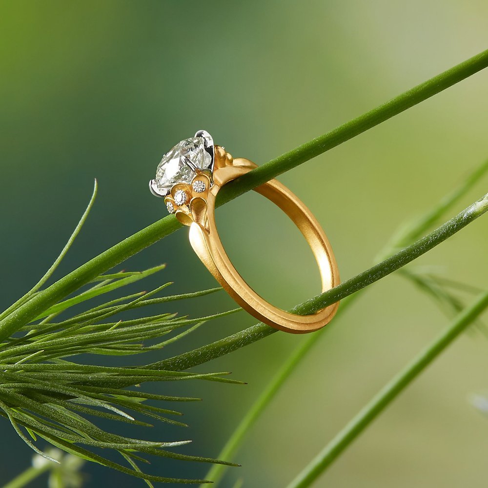 Wildflower collection. Delicate, elegant, artistic, original, beautiful, balanced, handcrafted, unique, diamond engagement rings from master fine jeweler Tim of TW McClelland TWM. Gold and platinum.