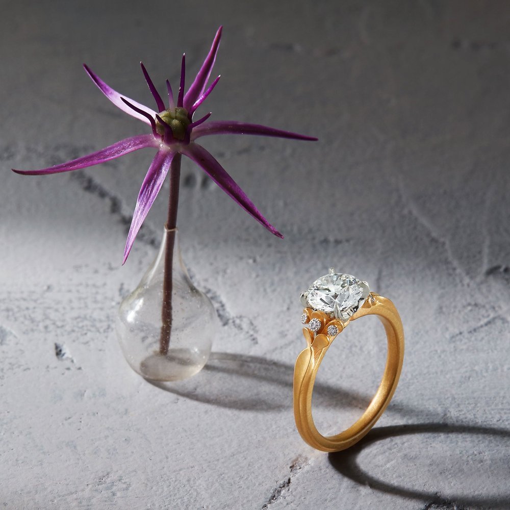 Wildflower collection. Delicate, elegant, artistic, original, beautiful, balanced, handcrafted, unique, diamond engagement rings from master fine jeweler Tim of TW McClelland TWM. Gold and platinum.