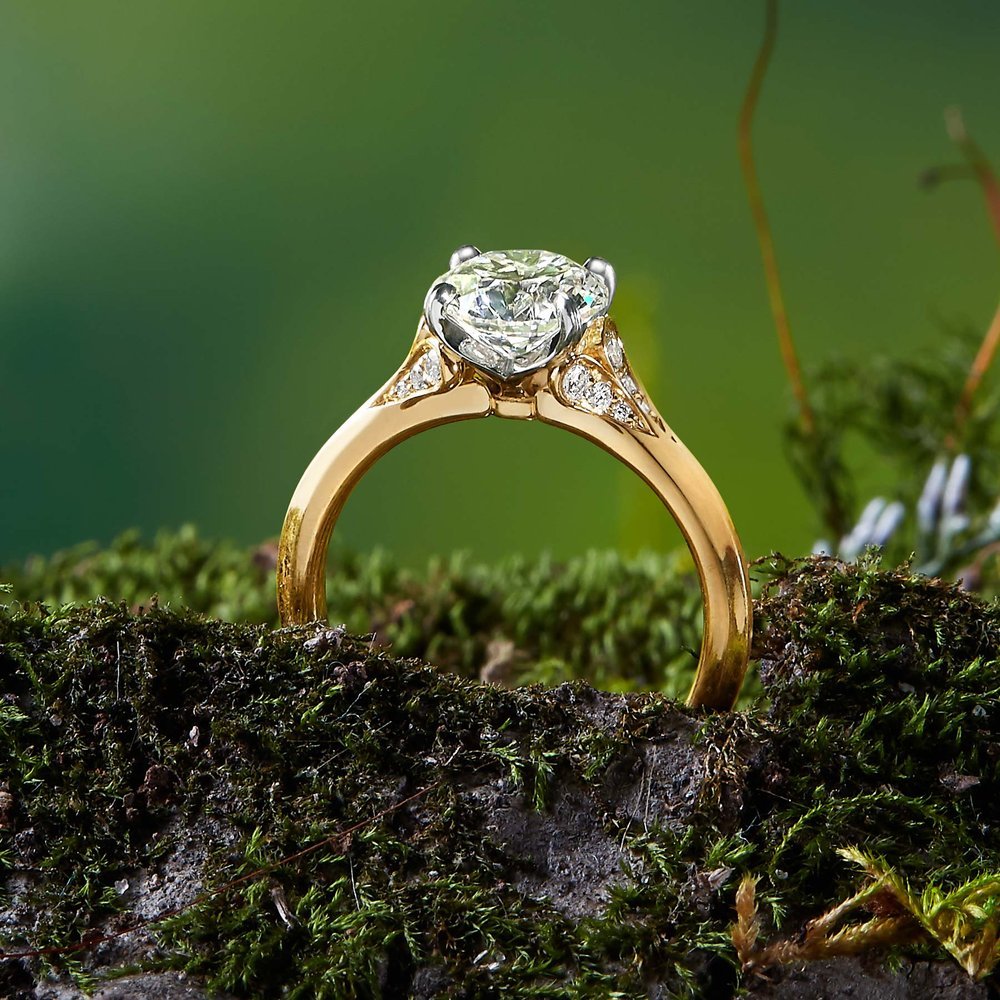 Wildflower collection. Delicate, elegant, artistic, original, beautiful, balanced, handcrafted, unique, diamond engagement rings from master fine jeweler Tim of TW McClelland TWM. Gold and platinum.