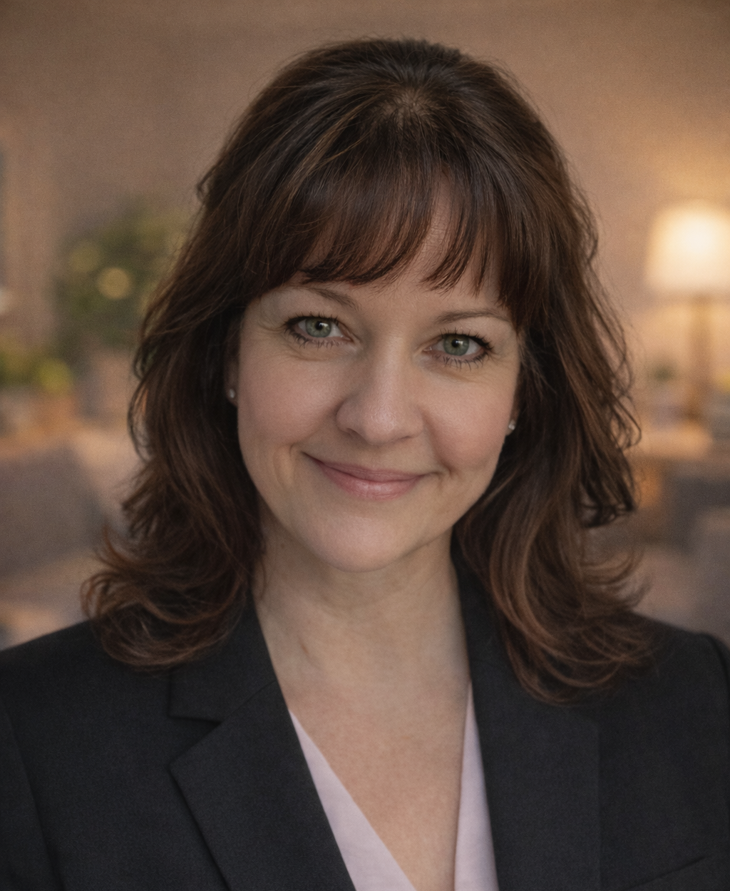 A smiling woman with shoulder-length brown hair wearing a black blazer and light pink top, indoors with warm lighting and blurred background.