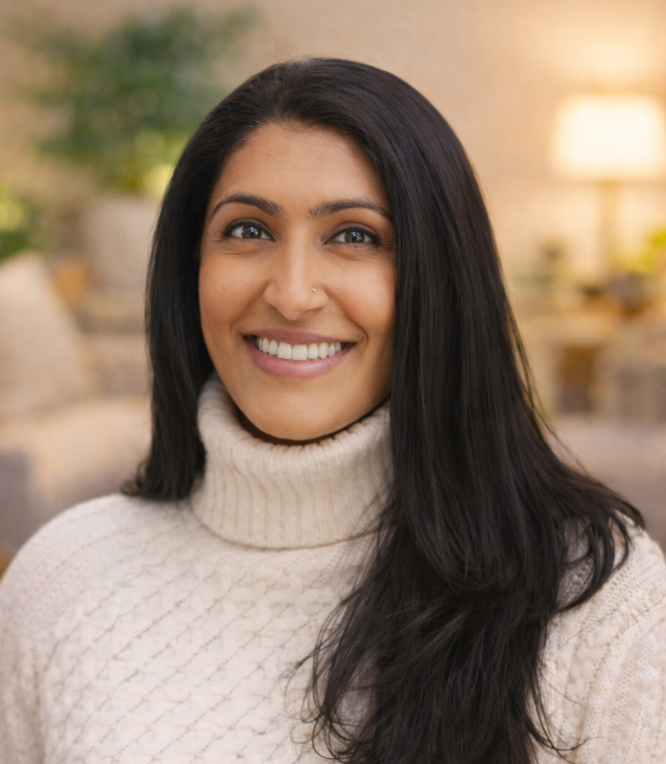 A woman with long black hair smiling in a cozy, warmly lit living room with blurred background elements like a lamp and plants.