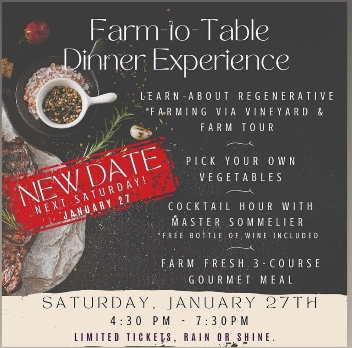 Join us for the ultimate immersive farm-to-table dining experience! We start with a full tour of our 10 acre vineyard &amp; organic regenerative, biodynamic farm where you&rsquo;ll learn about our sustainable practices &amp; our vision for the future
