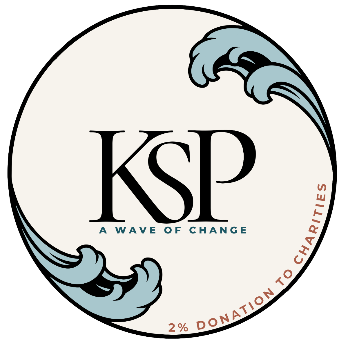 Company Logo depicting a circle with two opposing waves, the initials KSP, "A wave of Change" and "2% Donations to Charities"