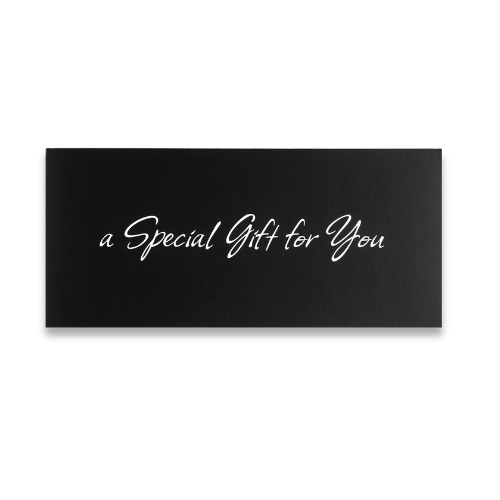 Black gift card with white cursive text that says "a Special Gift for You".