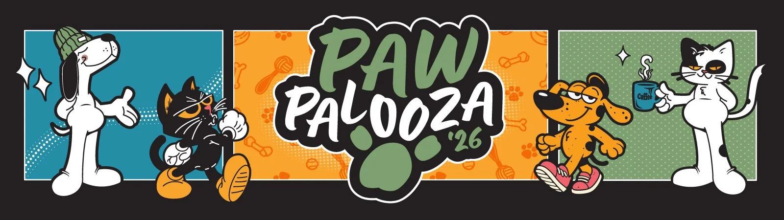 Colorful banner for Pawpalooza 2026 featuring cartoon dogs and cats, with one dog wearing a beanie, a black cat with sunglasses, and another dog with glasses holding a coffee mug, against a multicolored background with paw prints and bones.