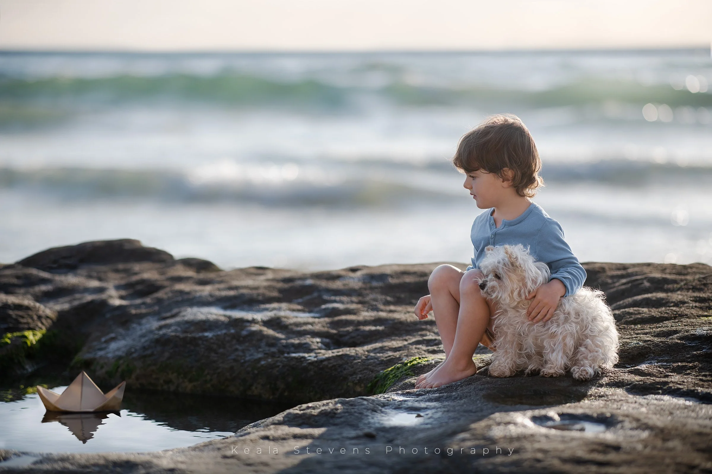 A young boy and his dog play with a paper boat float in a tide poo.