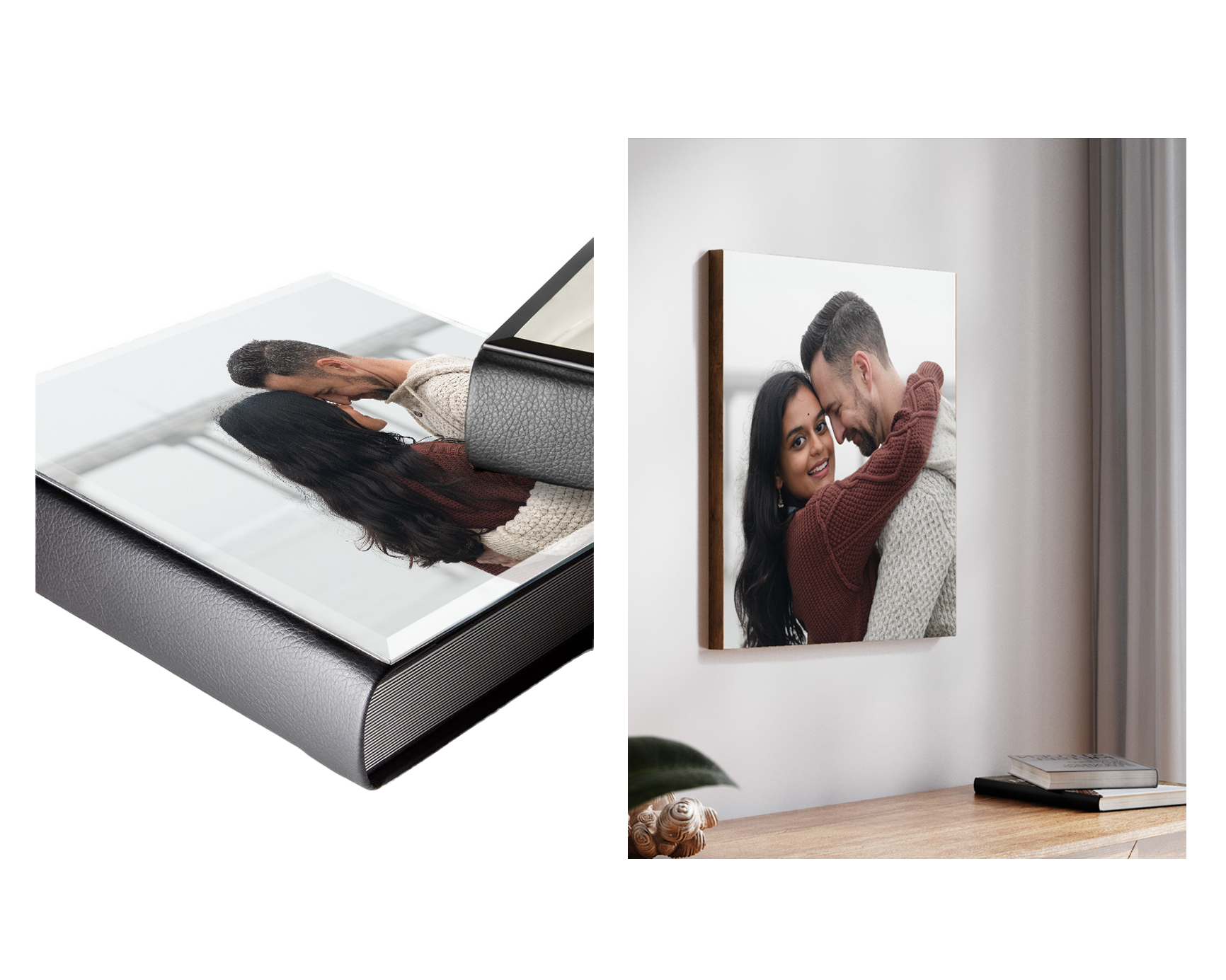 Photo collage featuring two photography keepsakes. The left image is an album with two couples holding each other. The right is a canvas on a wall of the same couple in an embrace.