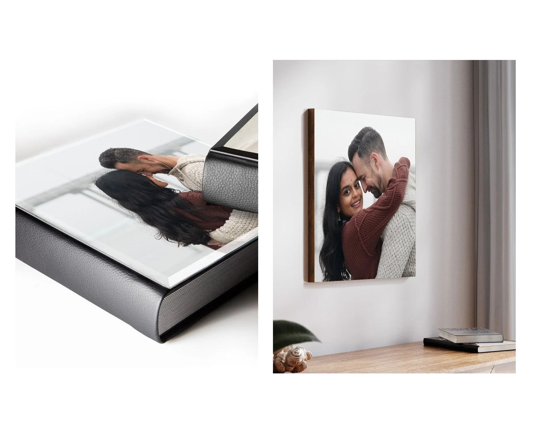 A combined image of a photo album and a canvas displayed on a wall.