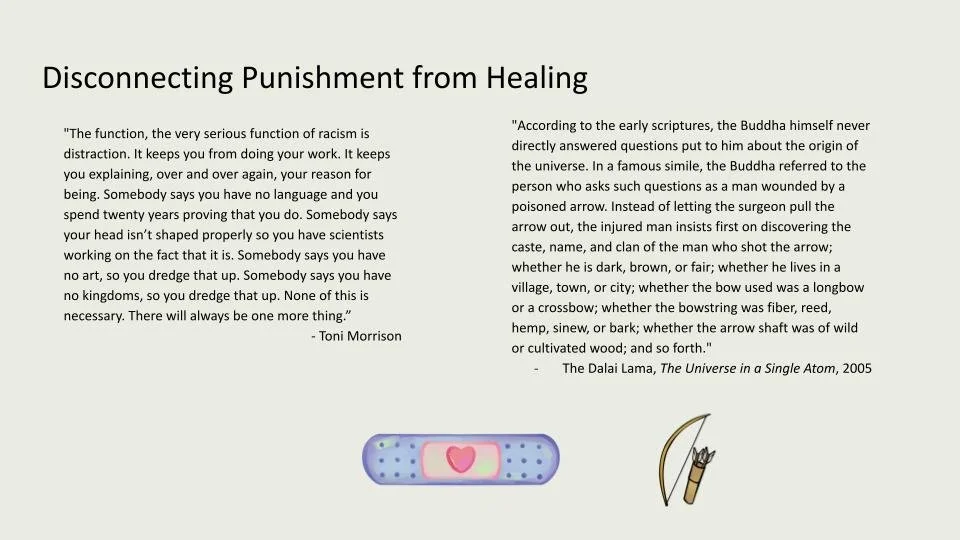 Text discussing the disconnecting punishment from healing and quotes about seriousness of racism, Buddha's teachings, and the universe, with a bandage and an arrow drawing at the bottom.