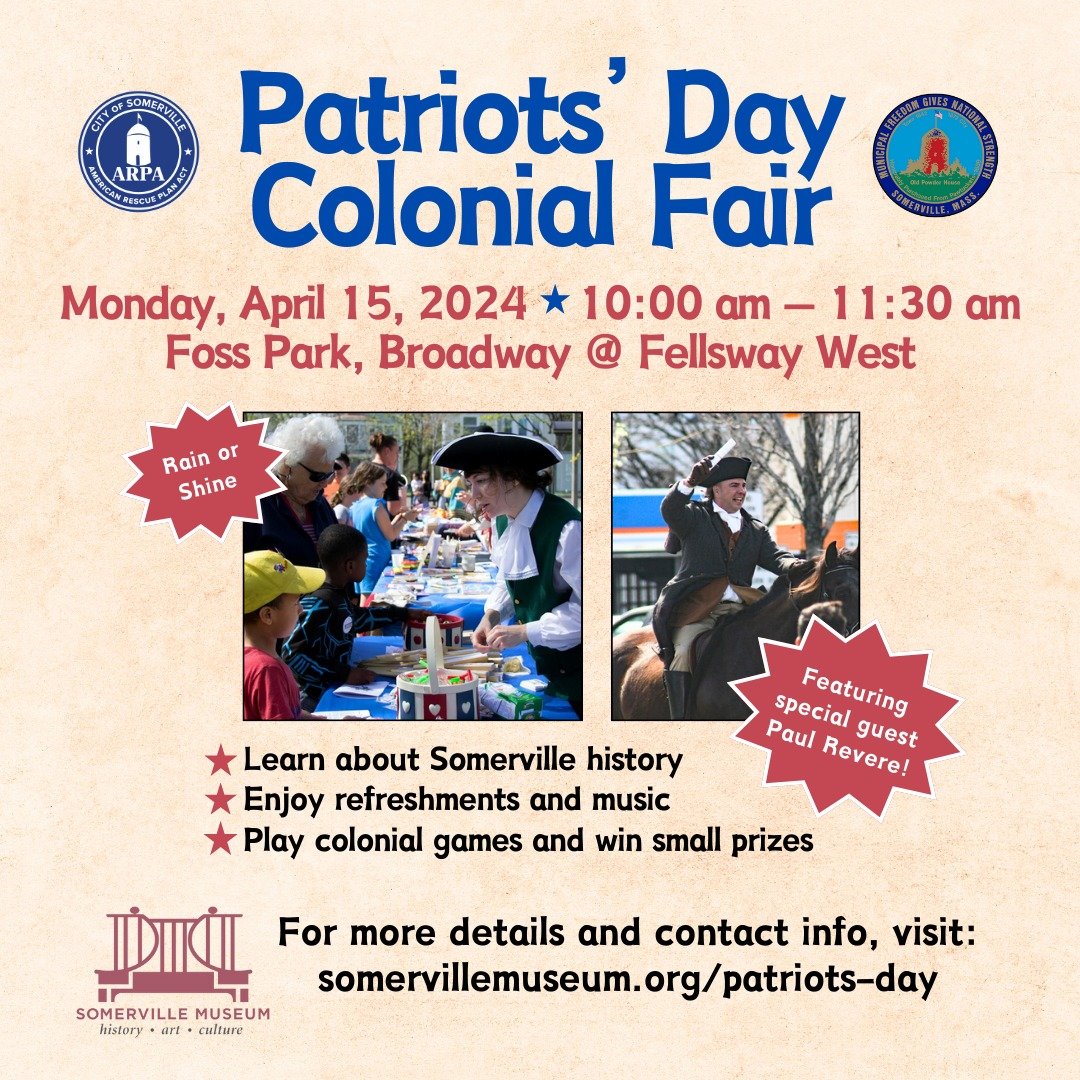 The forecast looks beautiful for our annual Patriots' Day celebration on Monday, April 15! We hope to see you at Foss Park for colonial games and activities, music, refreshments, and a special appearance from the man who made his midnight ride in Apr