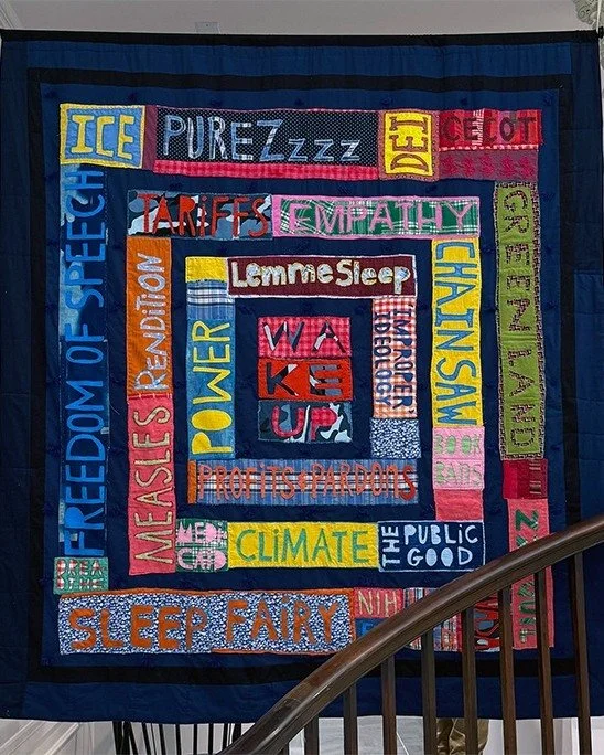 How Can We Sleep at Night?
Kyle Huffman, 2025

A quilt made from recycled garments reflects on insomnia, political unrest, and the search for calm. The work transforms familiar comfort into quiet resistance.

On view as part of Barcode Journeys (thro