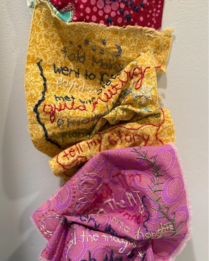 #artistspotlight, Rachel May uses embroidery floss on quilting cotton to reflect on the power of textile traditions. Inspired by historic figures like Lorina Bulwer and Agnes Richter; women who stitched their experiences while living in psychiatric i