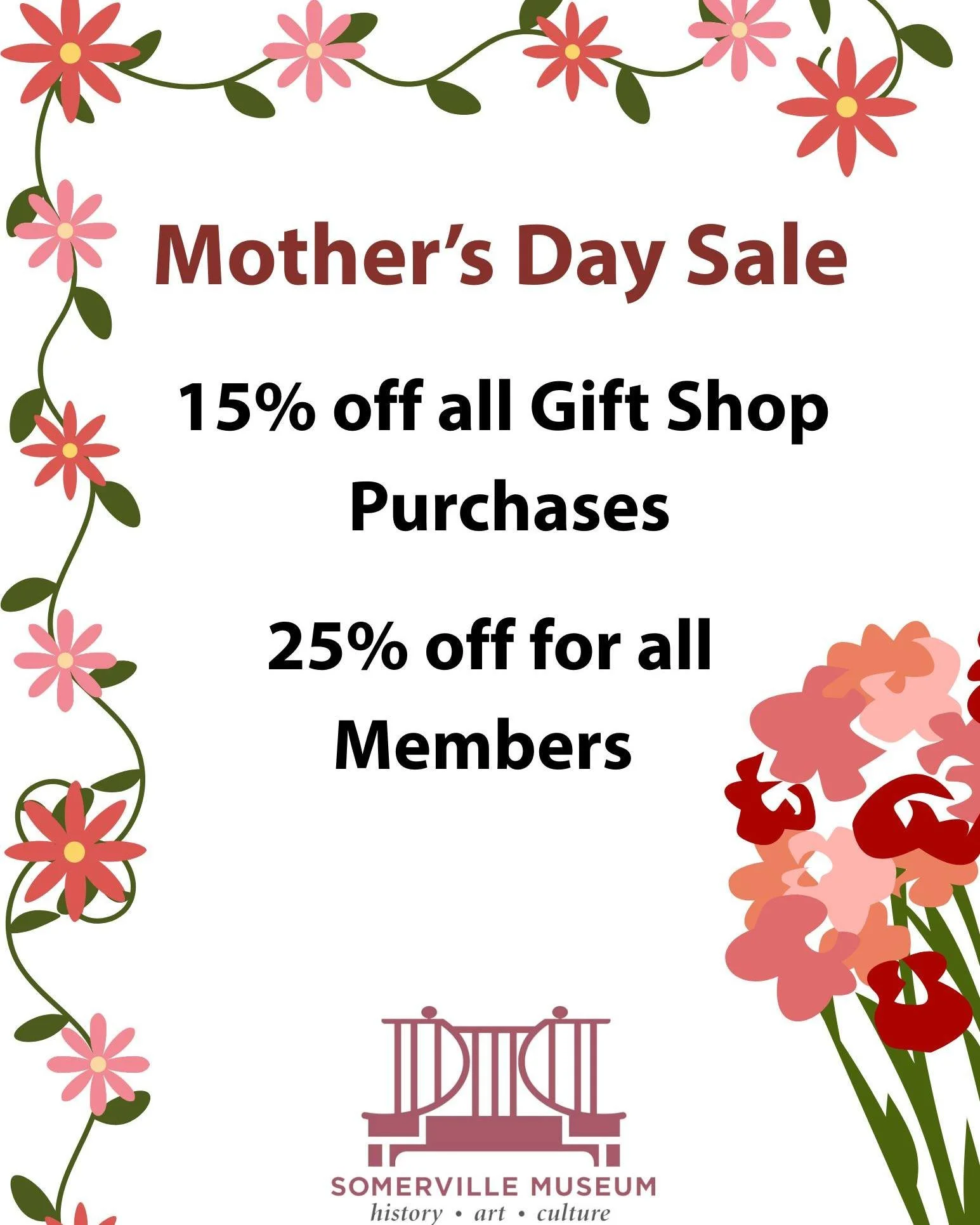 Still looking for the perfect Mother&rsquo;s Day gift? Stop by the Somerville Museum Gift Shop this week!

We&rsquo;re open Thursday, Friday, and Saturday, and we&rsquo;re celebrating Mother&rsquo;s Day with a special sale:

15% off all Gift Shop pur