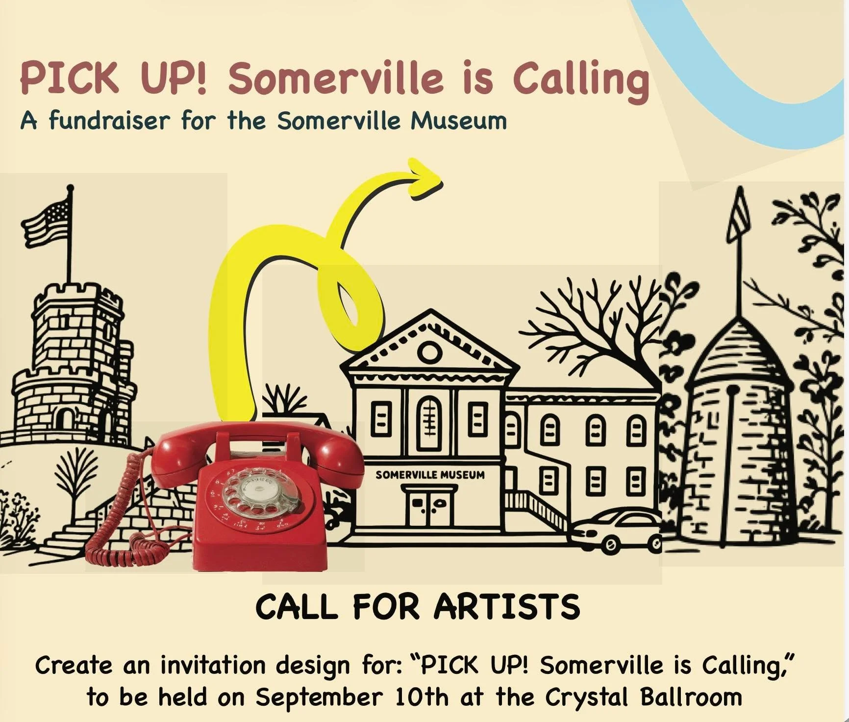 CALL FOR ARTISTS!
$500 stipend
Extended Deadline: May 22
Somerville Museum is calling all Somerville Artists to submit a proposal and portfolio to create this year's fundraiser invitation  that celebrates the innovation 
of the world's first Telephon
